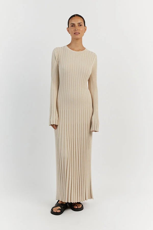 SALLE | V-Neck Sleeved Knit Midi Dress