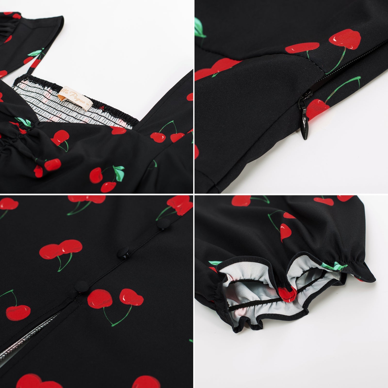 Vintage Cherry Patterns Front Slit Dress Puffed Short Sleeve Sweetheart Neck Dress