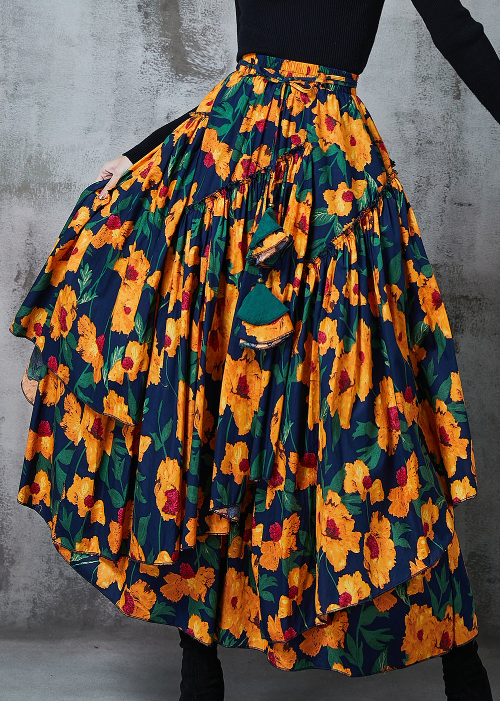 Yellow Print Exra Large Hem Chiffon Skirt Spring