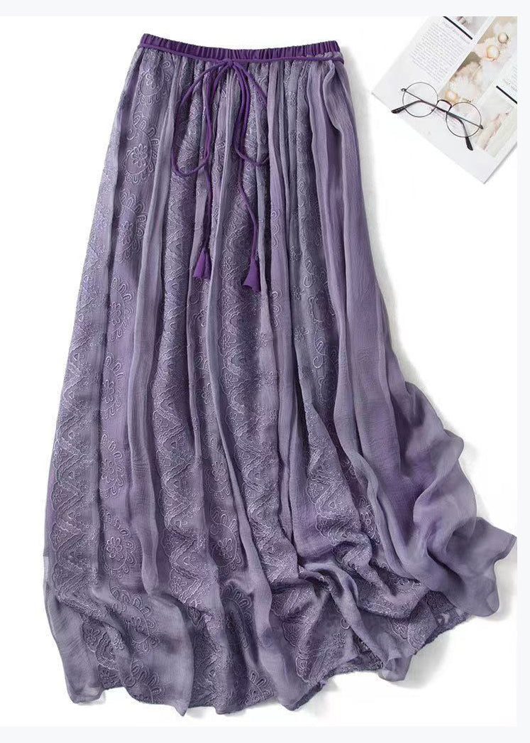 Purple Wrinkled Embroideried Lace Up Silk Skirts Spring