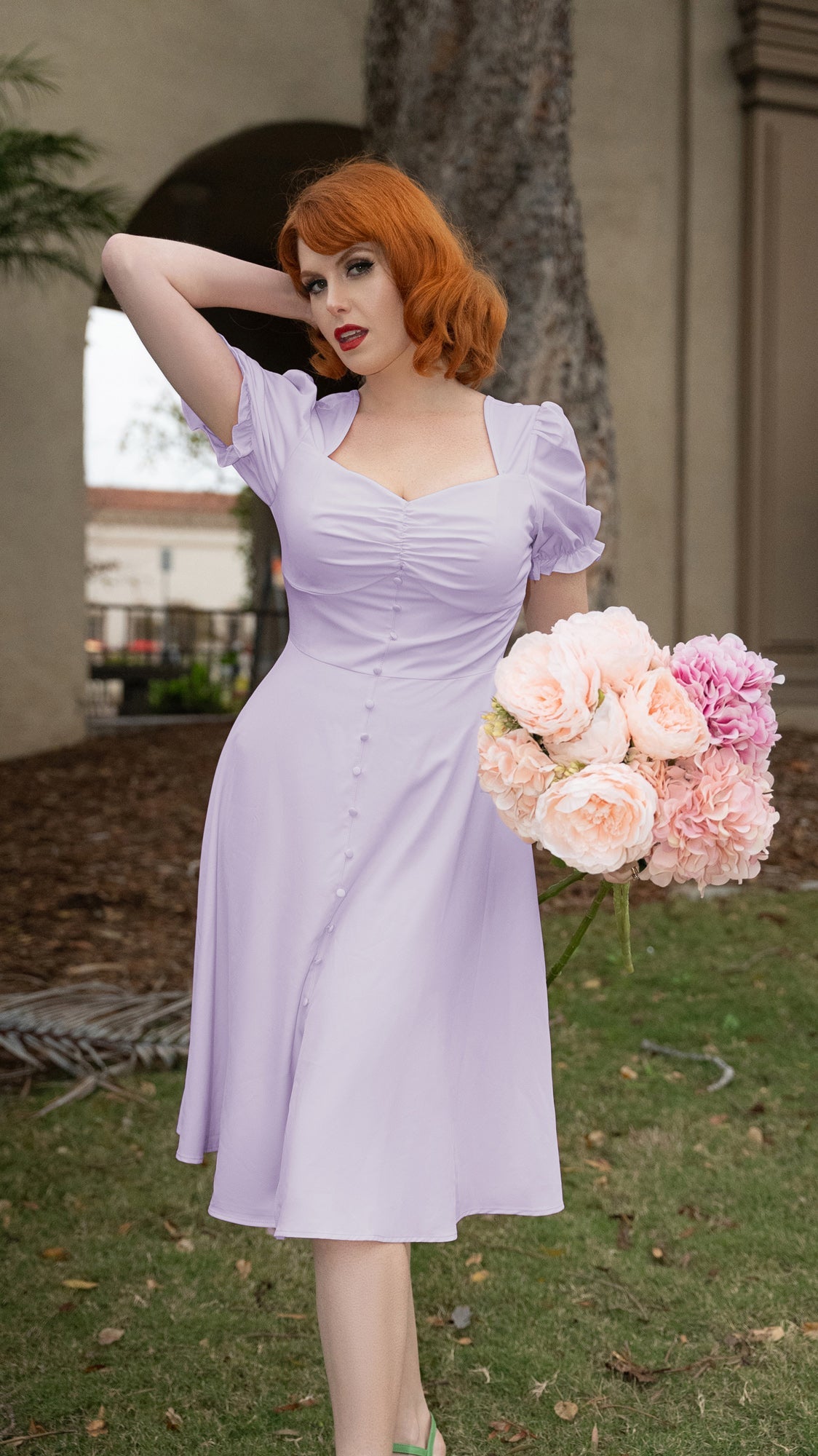 Vintage Solid Color Front Slit Dress Puffed Short Sleeve Sweetheart Neck Dress