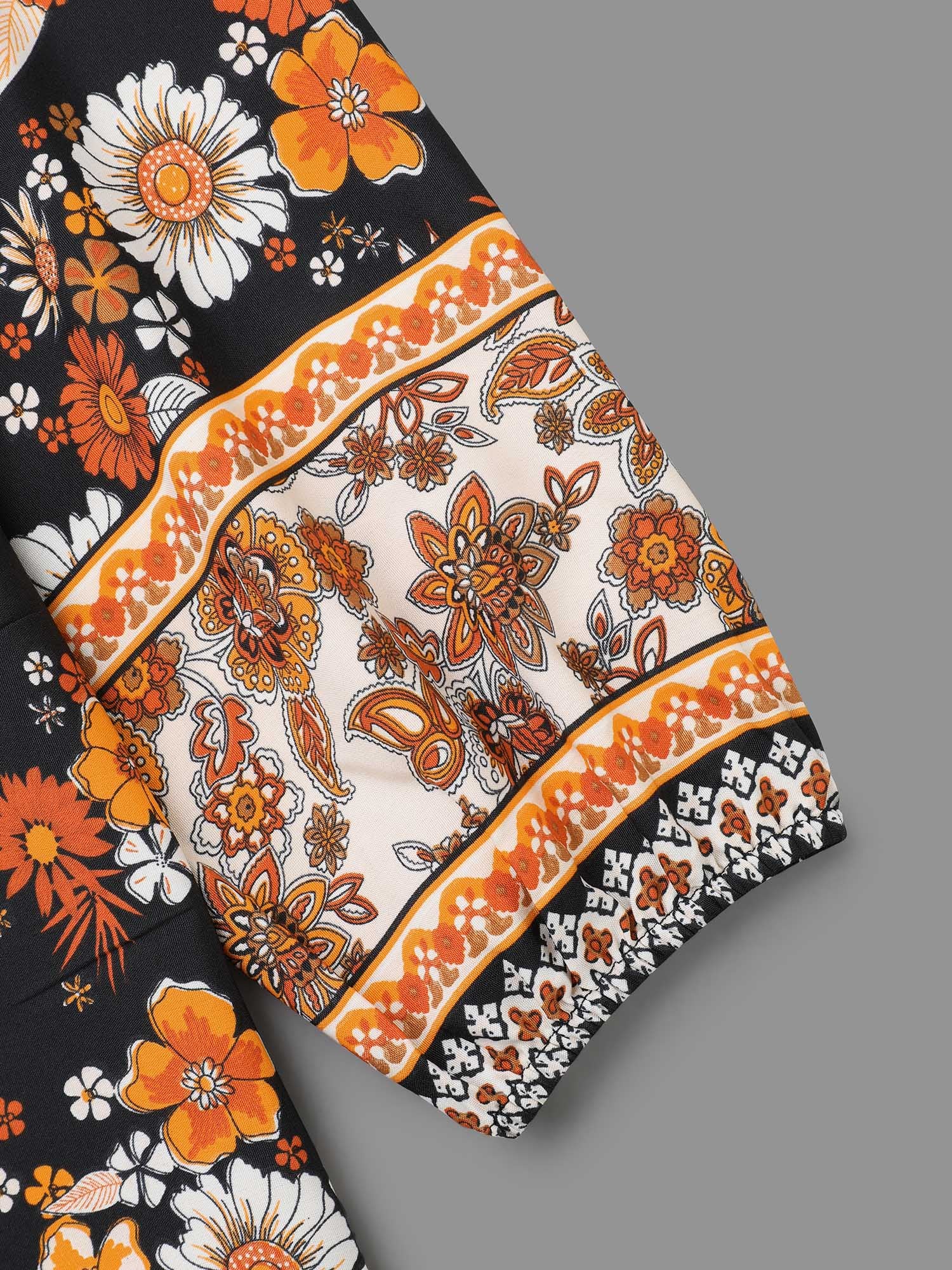 Boho Print Tie Knot Lantern Sleeve Blouse