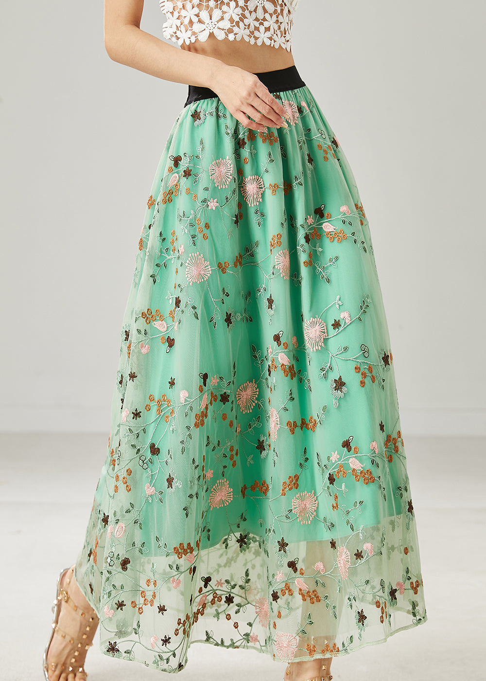 Green Embroidered Tulle Skirts Summer
