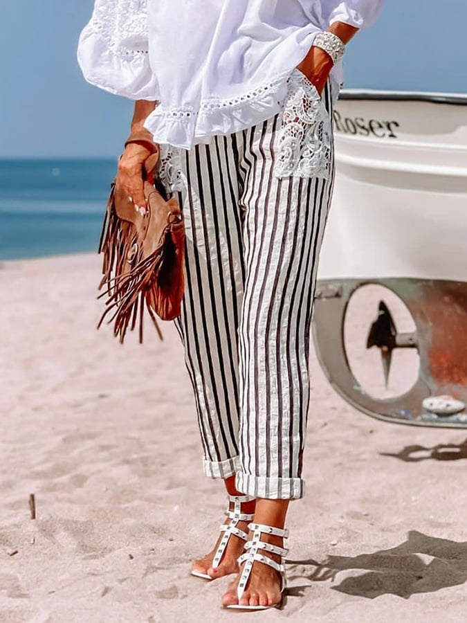 Women's Casual Striped Printed Lace Pocket Trousers