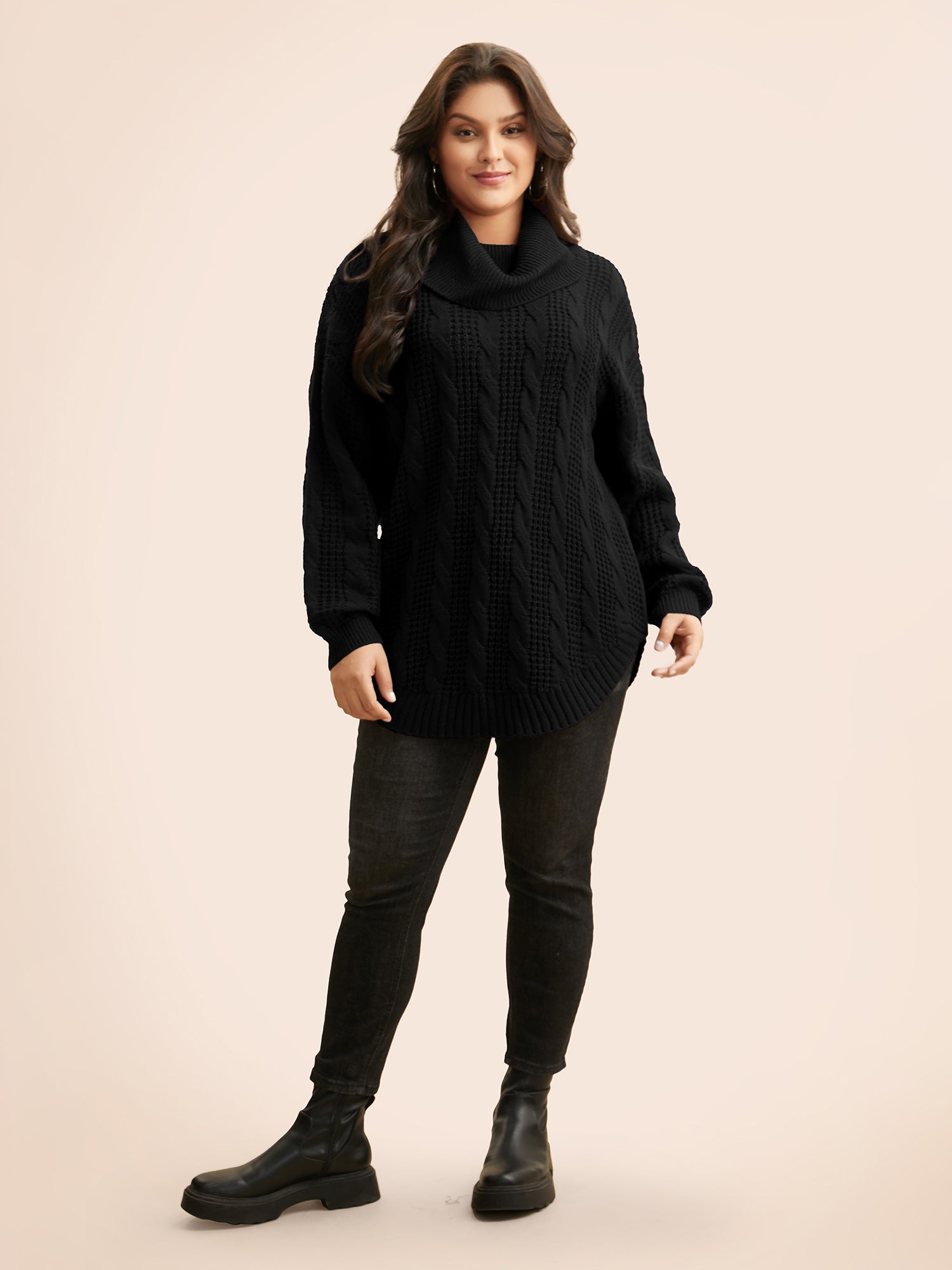 Turtleneck Cable Knit Curved Hem Pullover