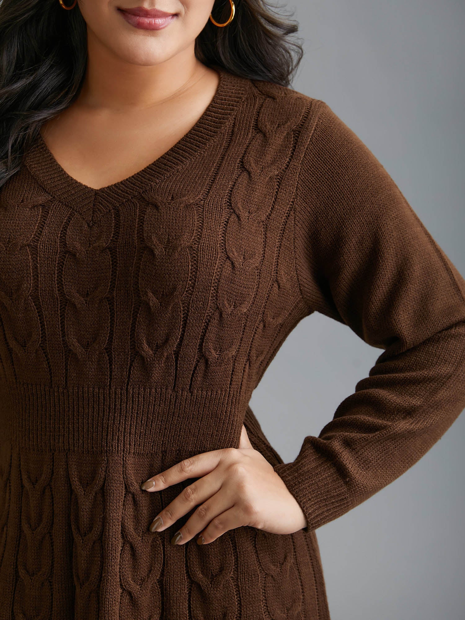 Textured Cable Knit V-Neck Midi Sweater Dress