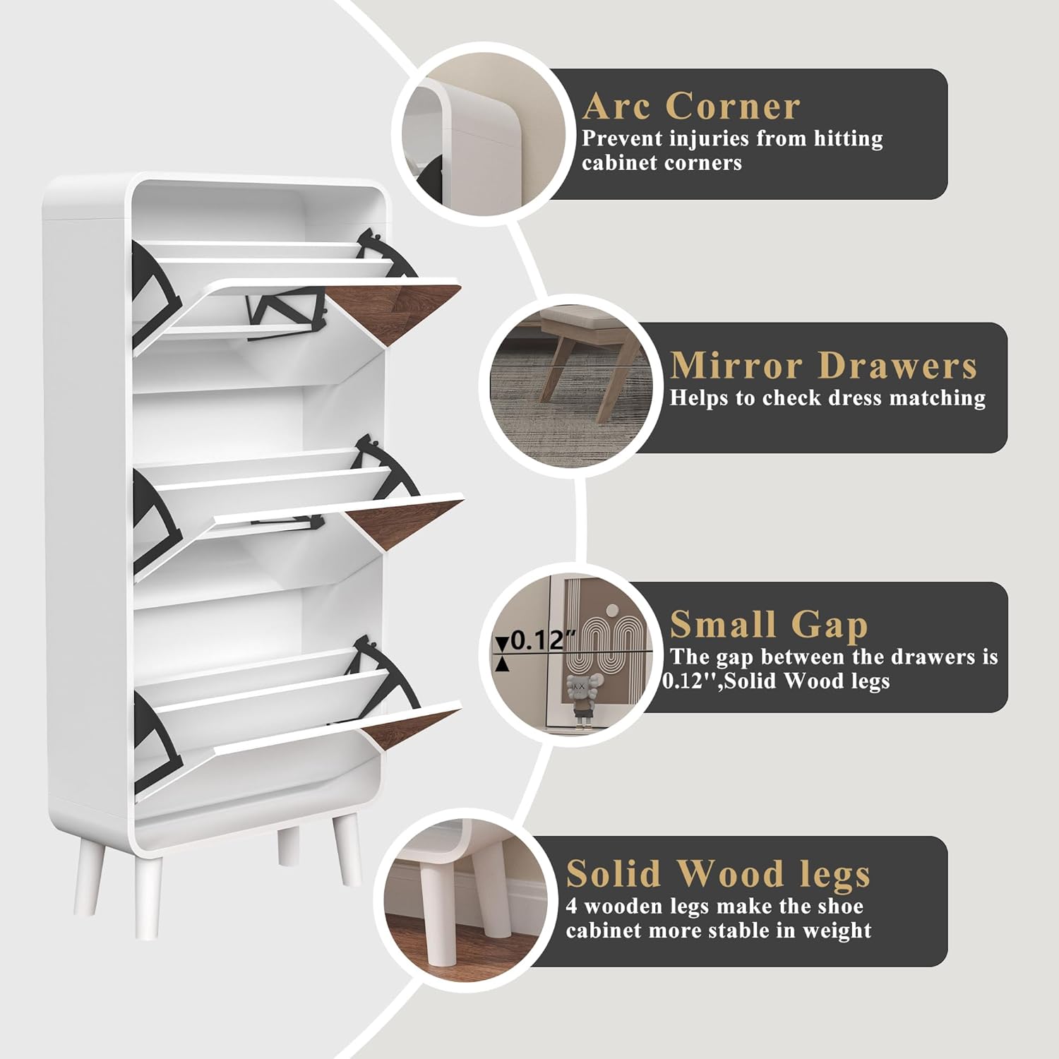 Entrance Shoe Locker, 5 Tier Full Length Mirror Shoe Organizer Wooden Narrow Shoe Cabinet, White Shoe Rack for Front Door Entrance Outdoor