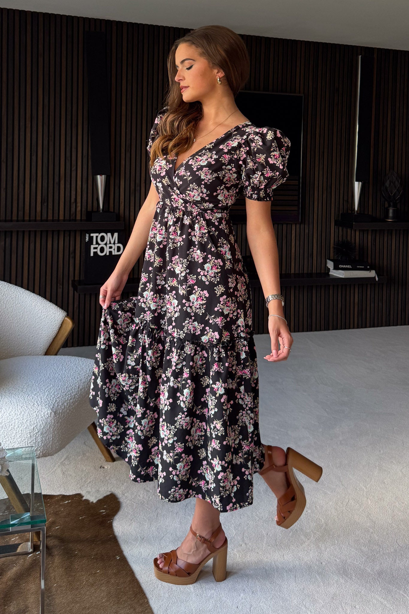 Maya Wrap Tierred Midi Dress Black Floral