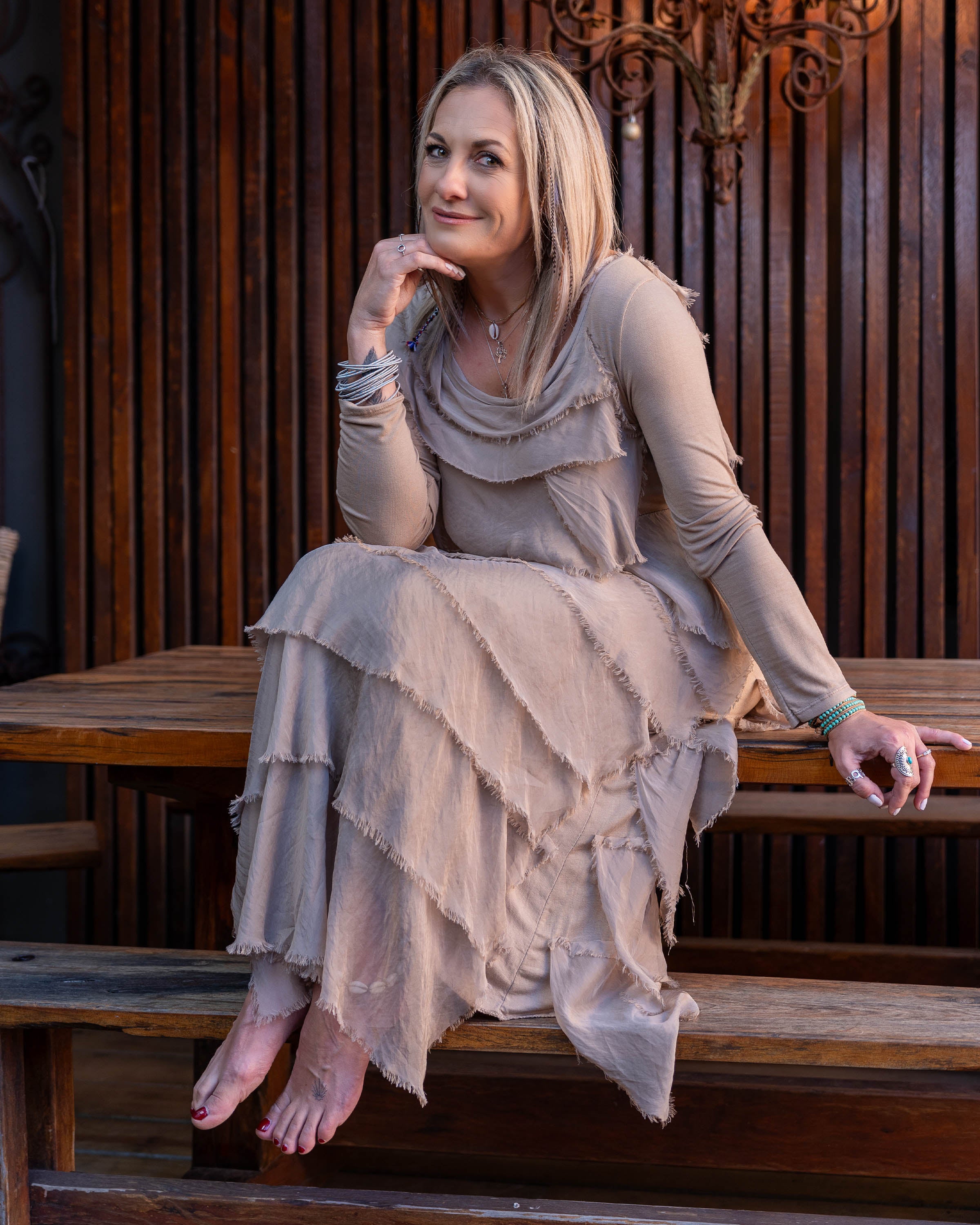 Whimsical Fringe Maxi Dress | Camel