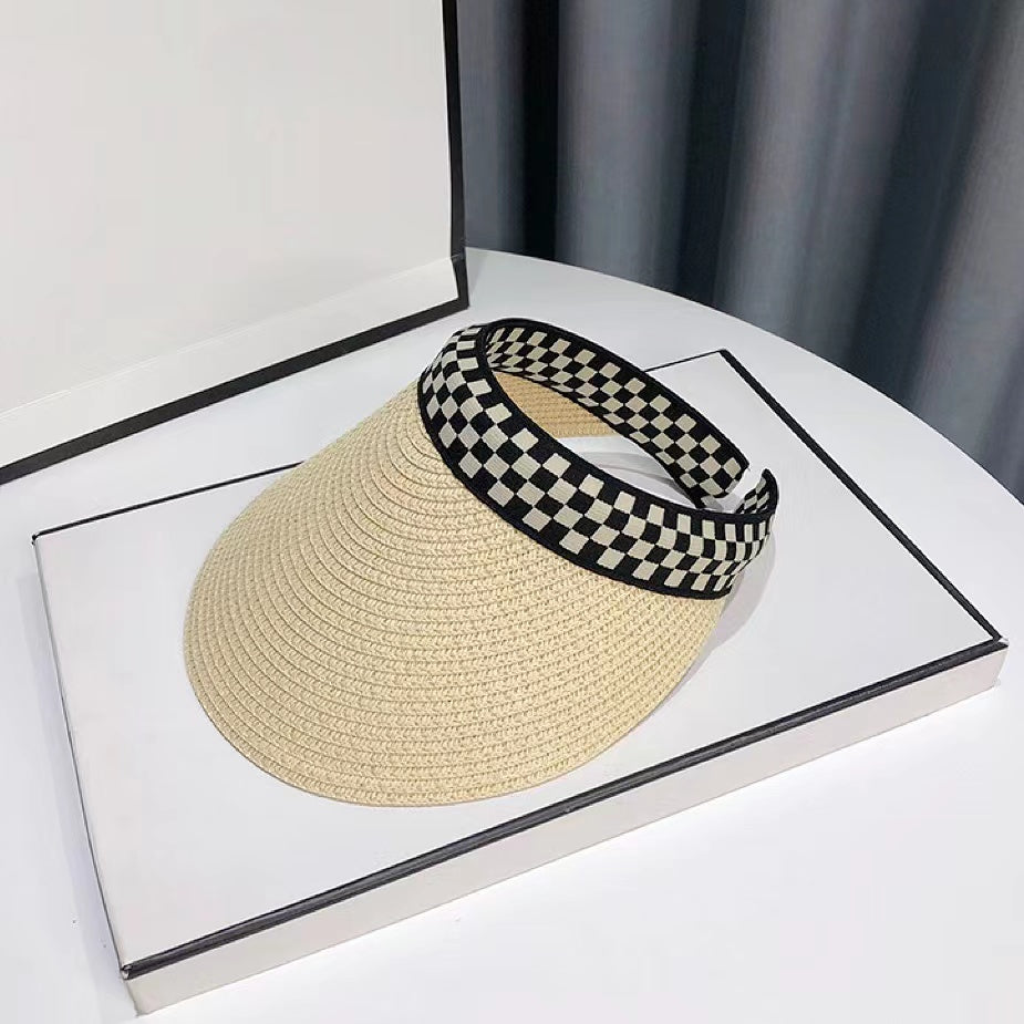 Checkered Band Straw Visor Hats