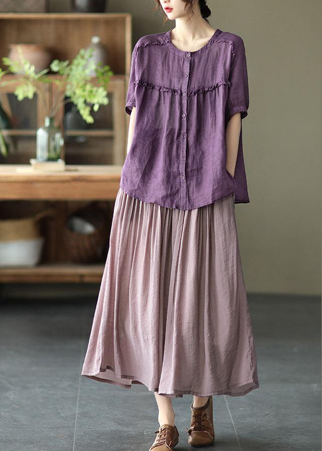 Vintage Light Purple Elegant Patchwork Tie Waist Summer Skirt Linen