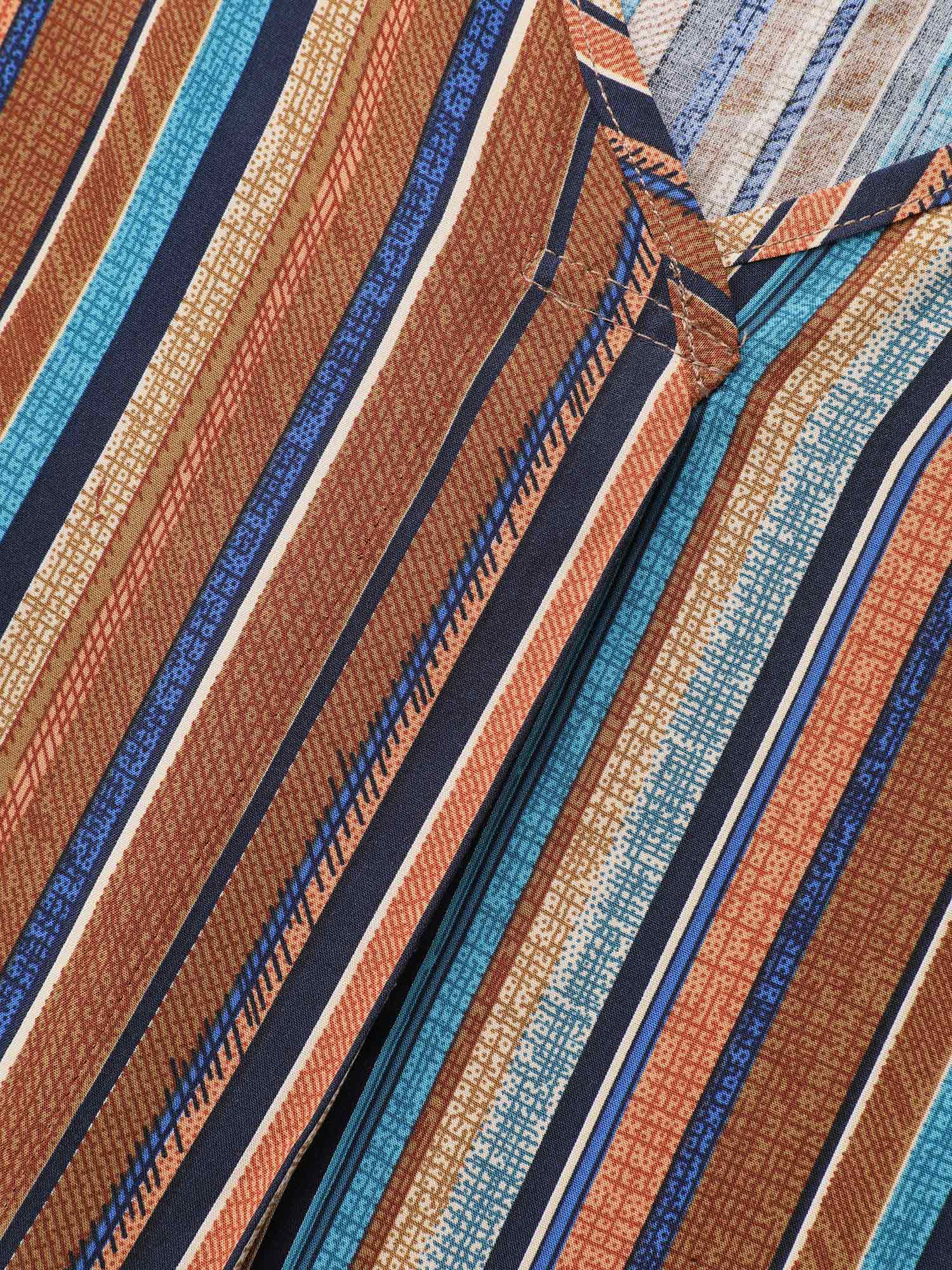 Contrast Striped Pocket Lantern Sleeve Blouse