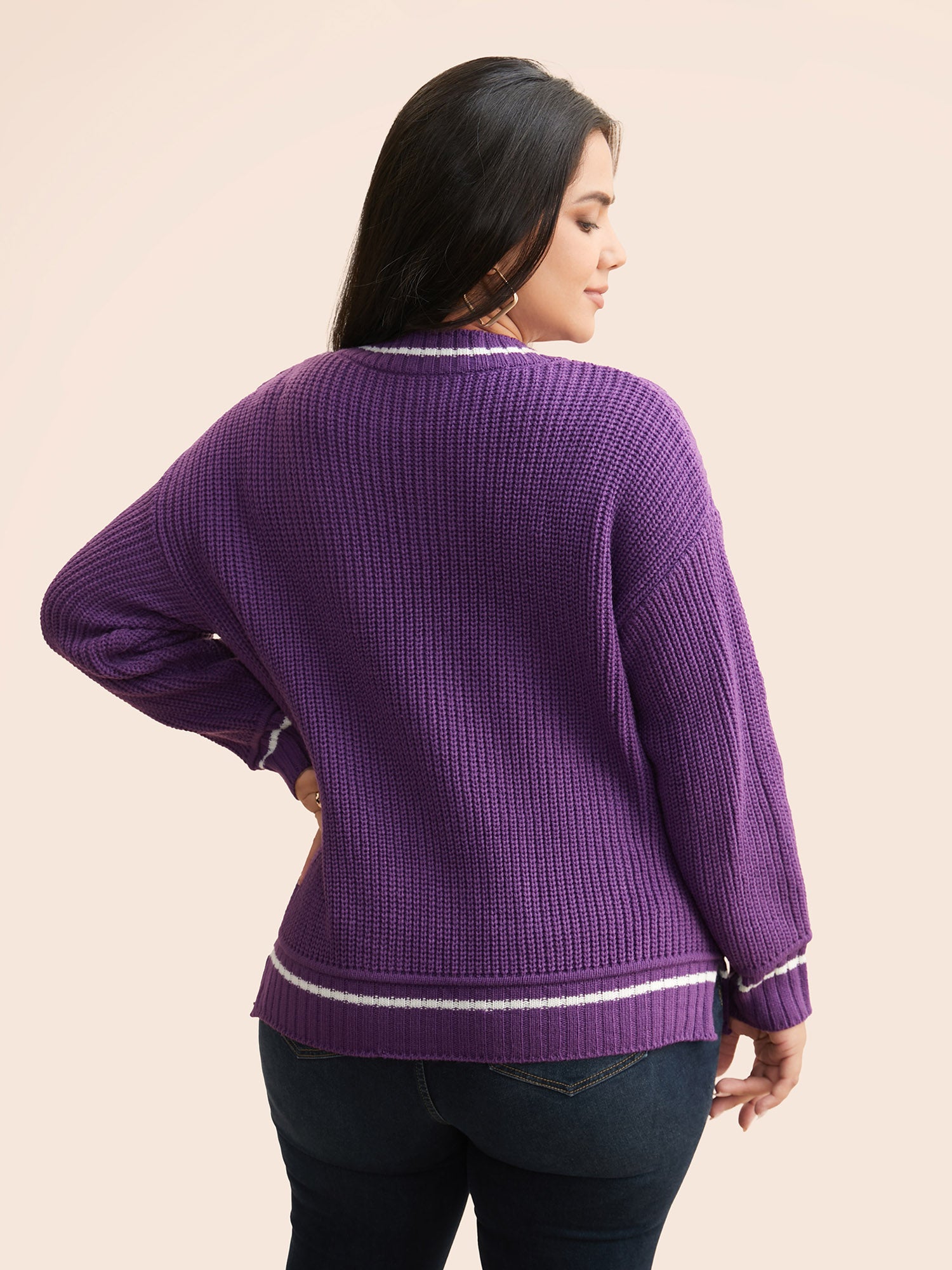 Contrast Trim V Neck Texture Pullover