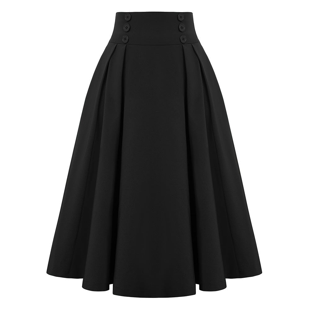 Cherry Patterns Pleated Buttons Decorated Elastic Waist High Waist Swing A-Line Skirt with Pockets