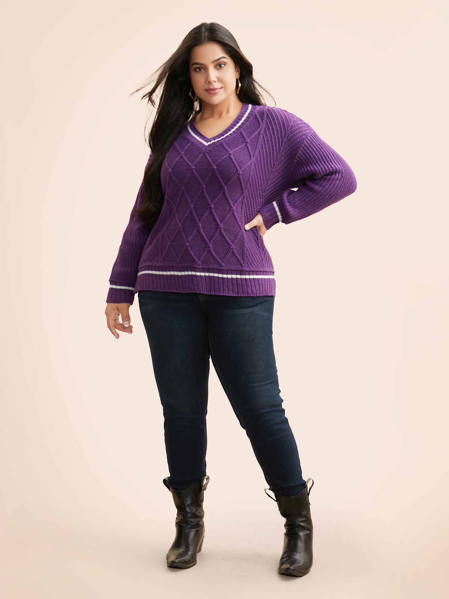 Contrast Trim V Neck Texture Pullover