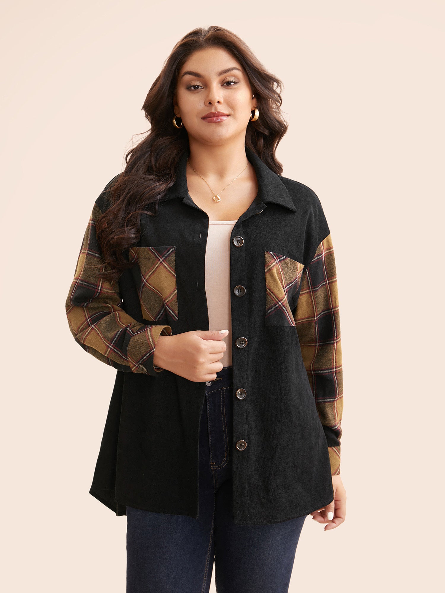 Plaid Patchwork Patched Pocket Jacket