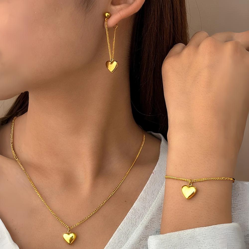 Dainty Heart Chain Necklace. Bracelet. and Earring Set