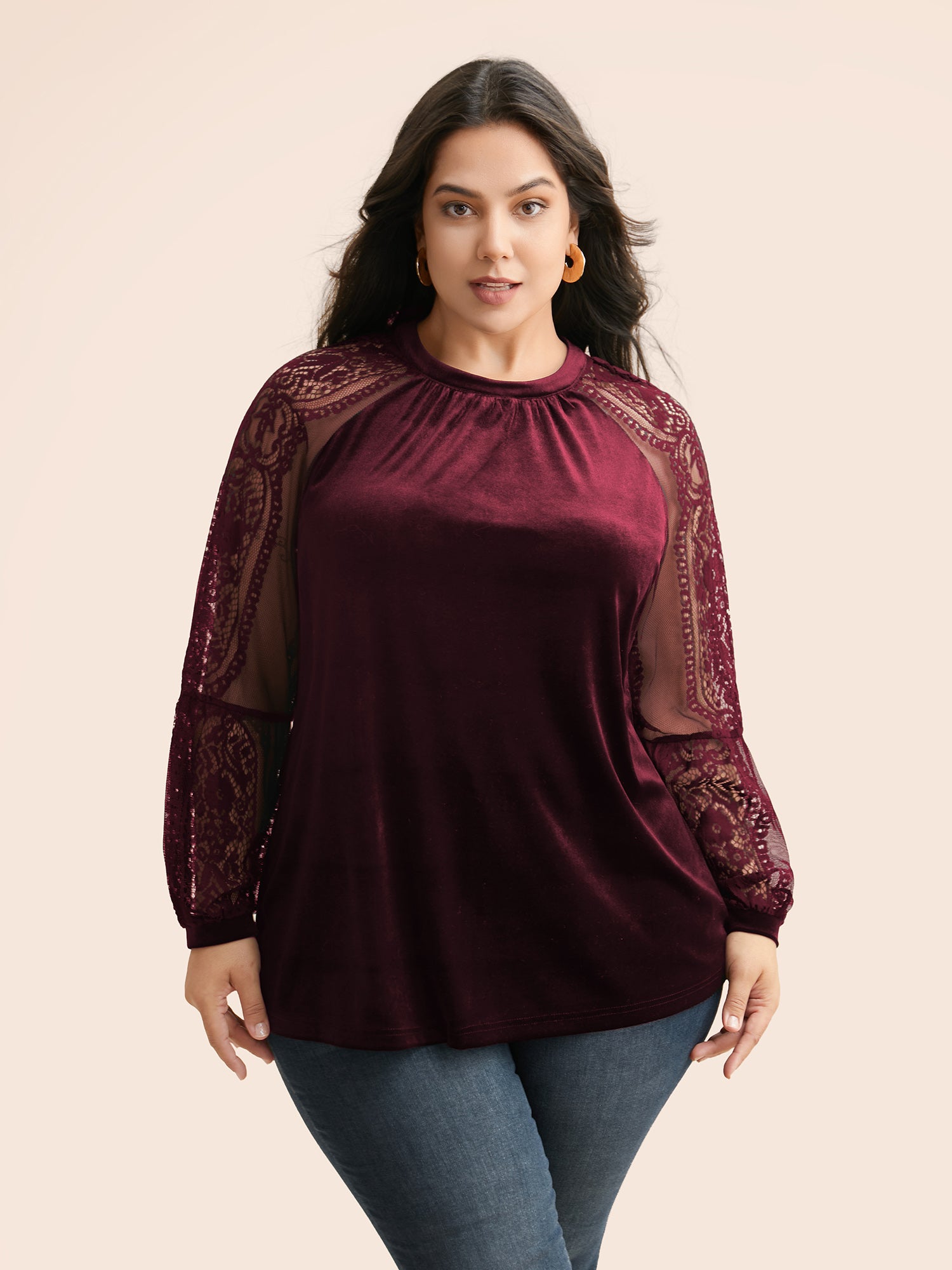 Lace Patchwork Velvet Raglan Sleeve Blouse