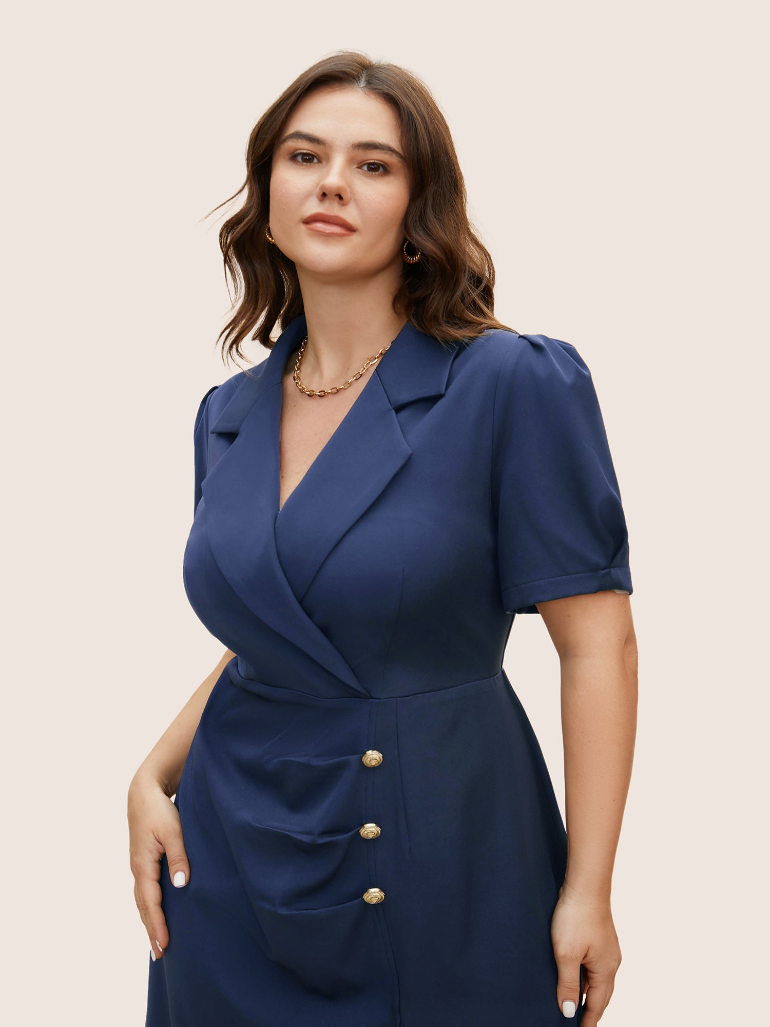 Suit Collar Metal Detail Lantern Sleeve Dress