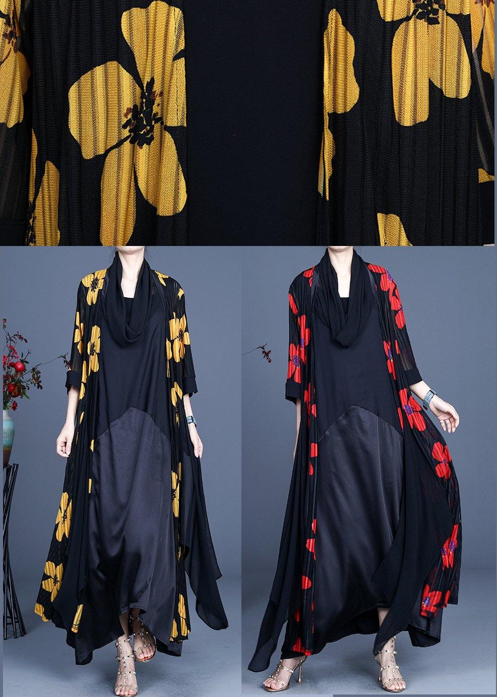DIY Yellow Floral Summer Three Quarter sleeve Silk Long Loose Jacket