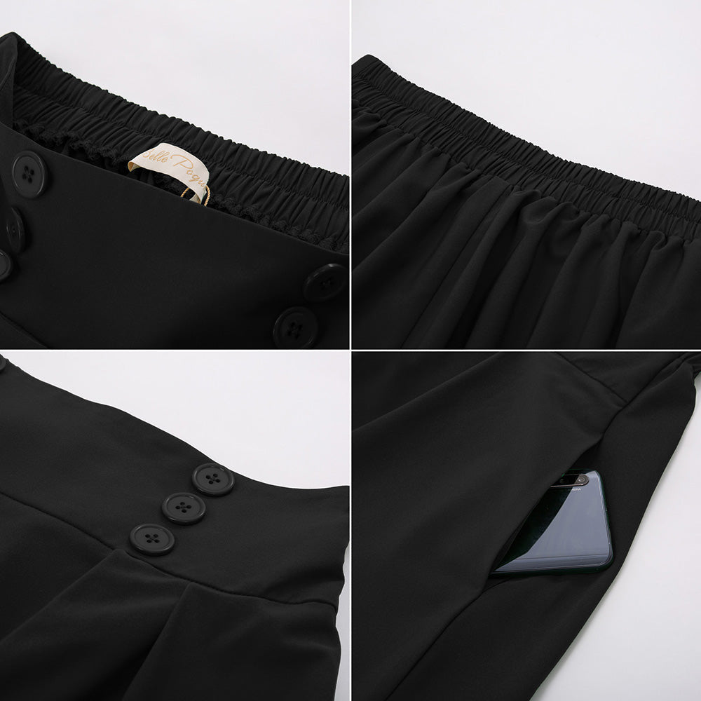 Cherry Patterns Pleated Buttons Decorated Elastic Waist High Waist Swing A-Line Skirt with Pockets