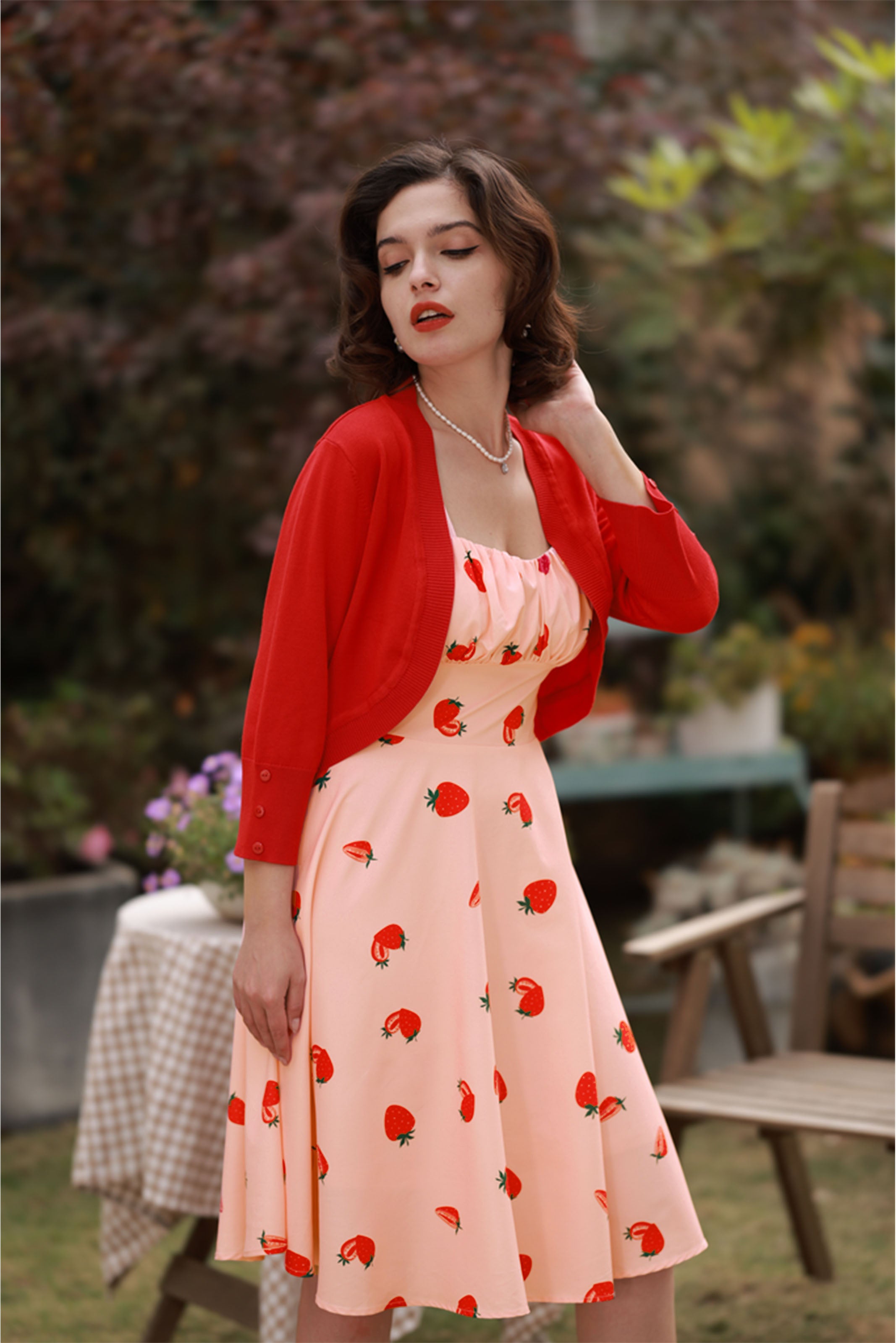 Vintage Fruit Printed Two-Way Defined Waist Dress Ruched Bodice Flared A-Line Dress