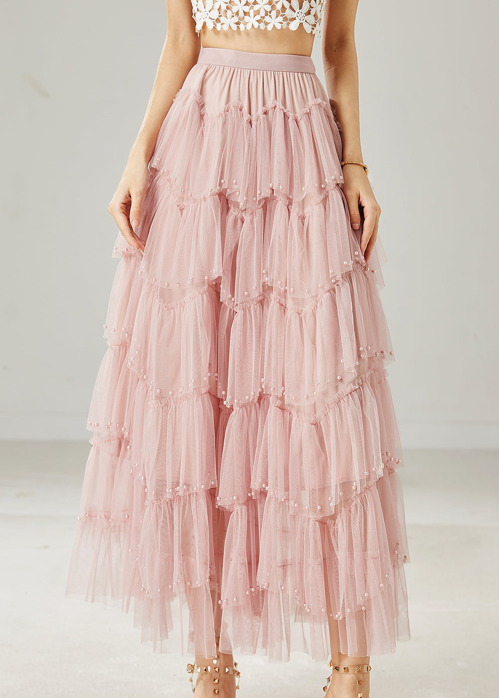Pink Nail Bead Layered Tulle Beach Skirt Summer