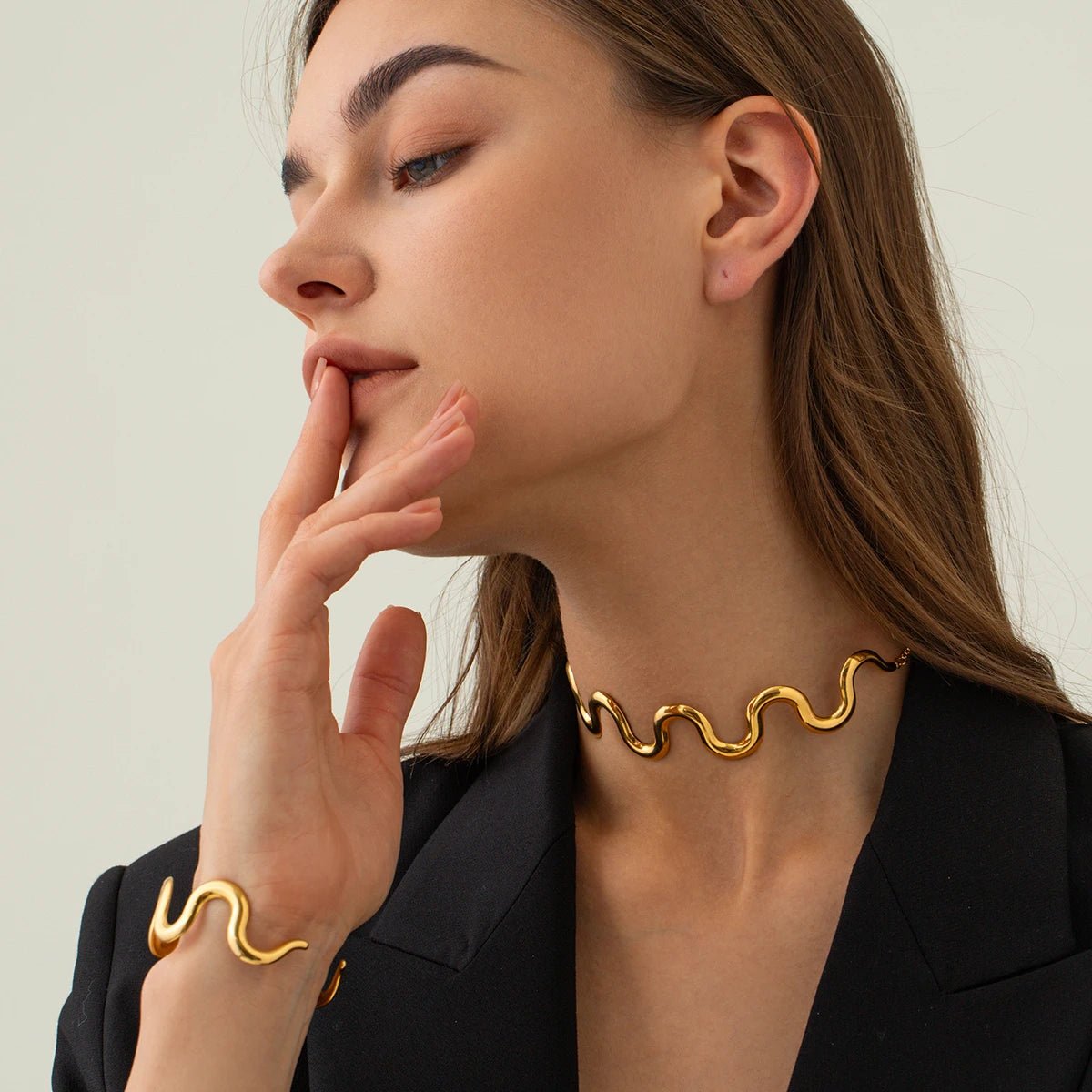 Gold Wavy Statement Bracelet and Necklace