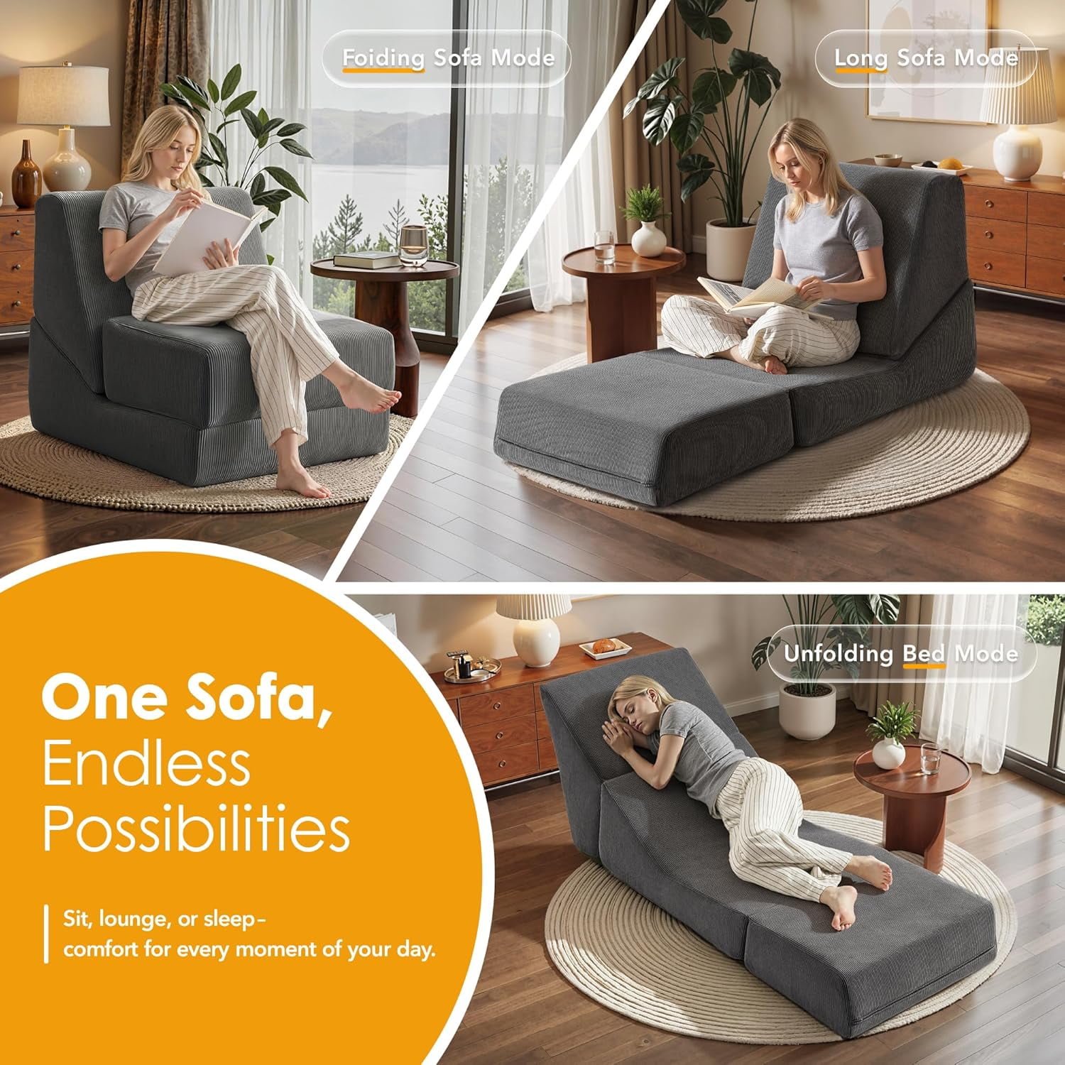 Folding Sofa Bed, 3 in 1 Convertible Sleeper Chair, Floor Couch with Back Support, Single Chair Bed for Living Room