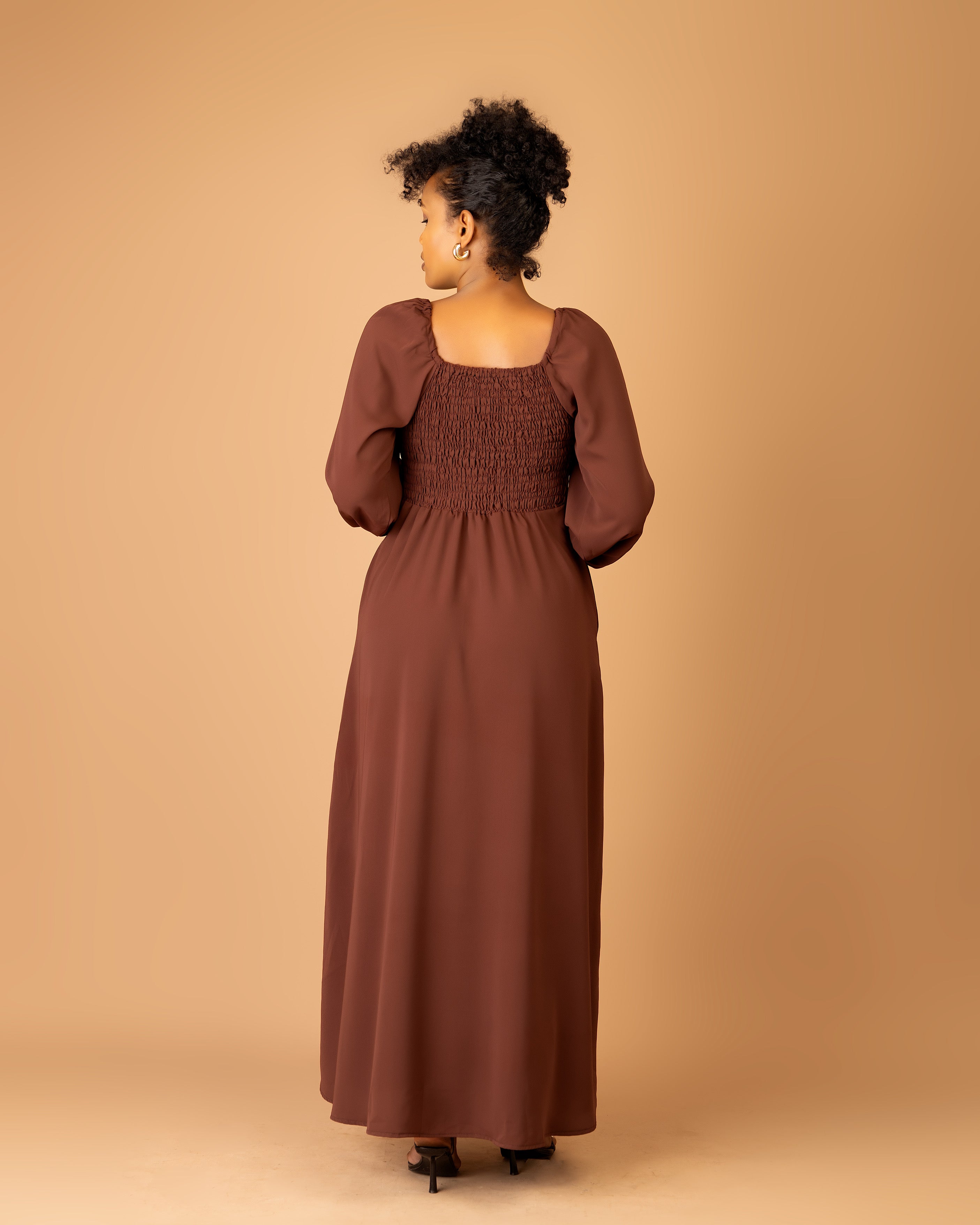 Brown Long Sleeve Shirred Back Maxi Dress