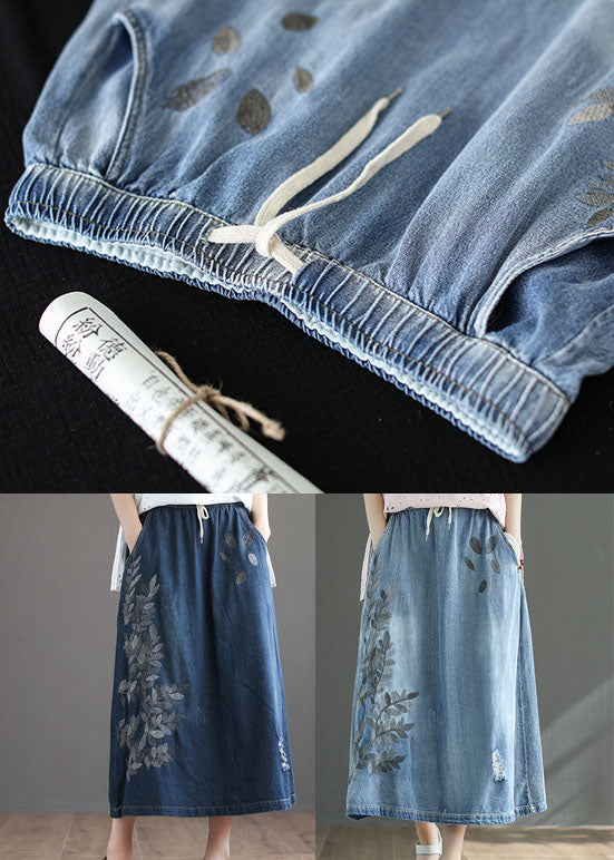 Light Blue High Waist Drawstring Print Cotton Denim Skirts Summer