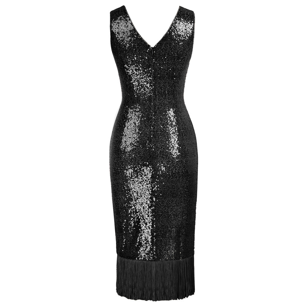 Vintage Sequined Sleeveless V-Neck Tassel Decorated Wrap Hem Party Dress