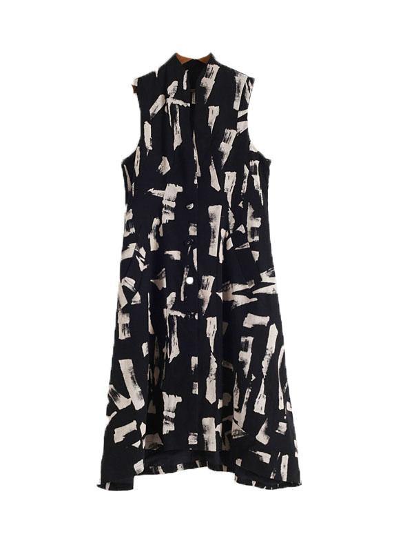 French White Print Pockets Cotton Dress Asymmetrical Design Waistcoat Fall Long Dress