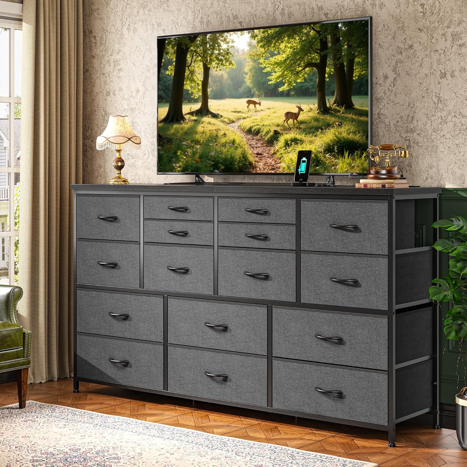 Dresser for Bedroom with 16 Fabric Drawers Long Dresser with Charging Station TV Stand for 60