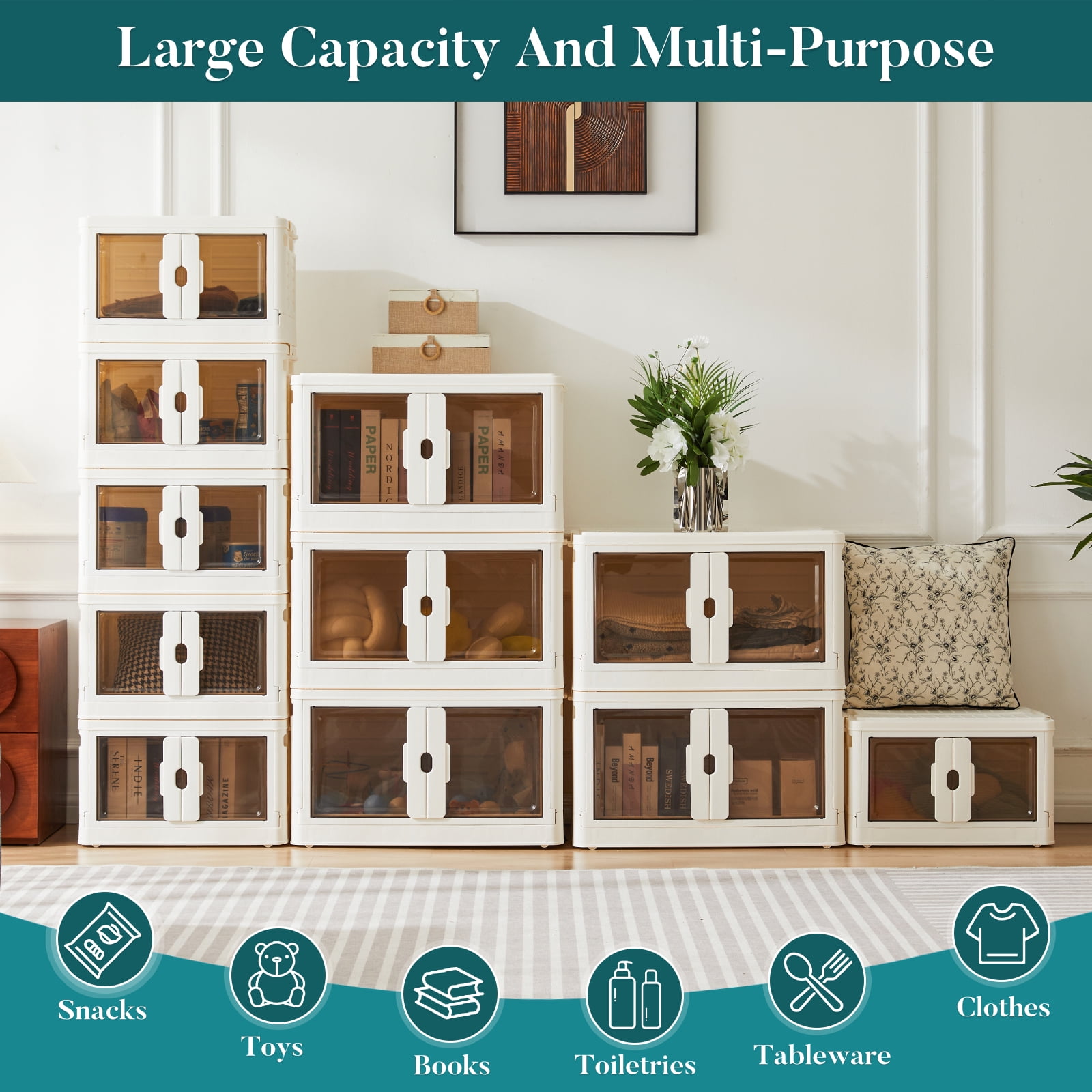 CONCETTA 33.6GAL/148QT Stackable Storage Bin with Lids and Wheels, Collapsible Foldable Plastic Closet Organizer for Home