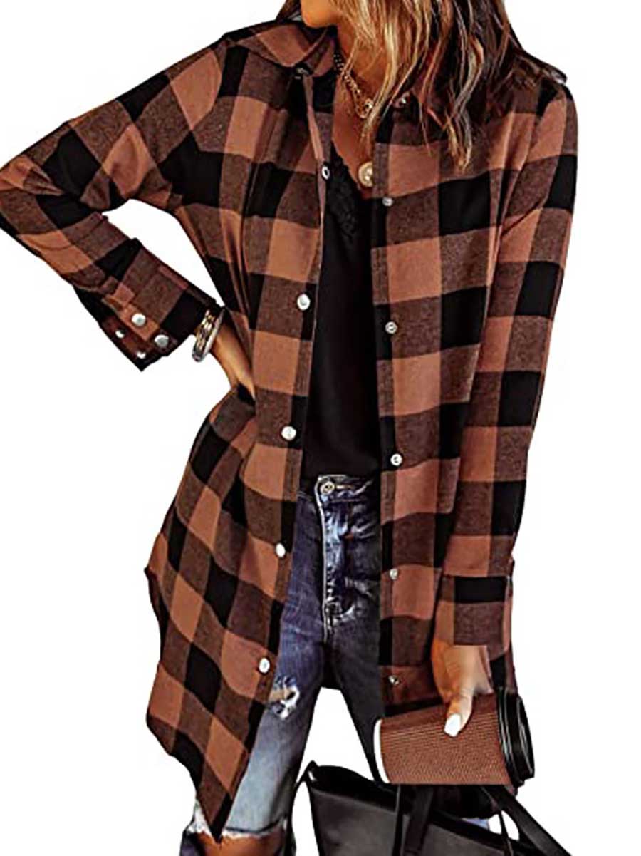 Lapel Buttoned Plaid Shirt Jacket