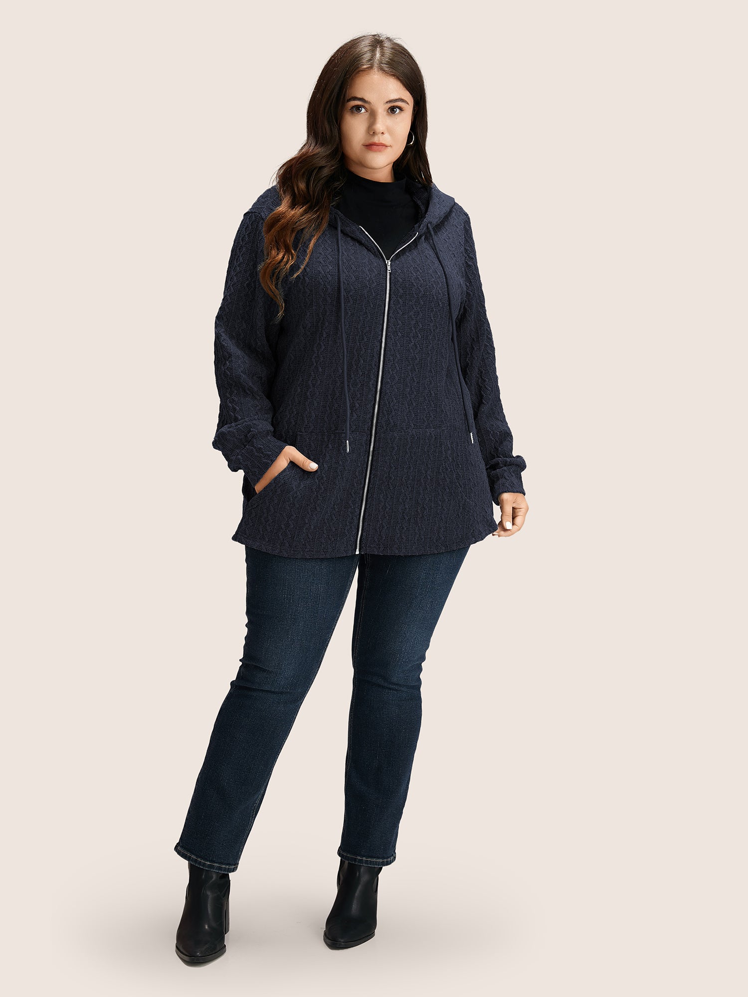 Plain Textured Zipper Hooded Sweatshirt