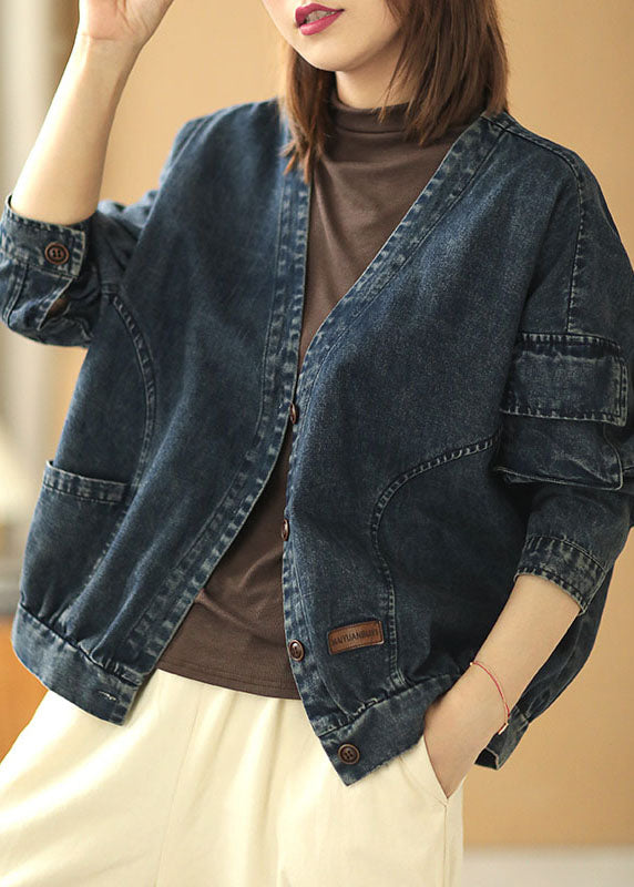 Modern Blue V Neck Button Pockets Fall Coats Long Sleeve