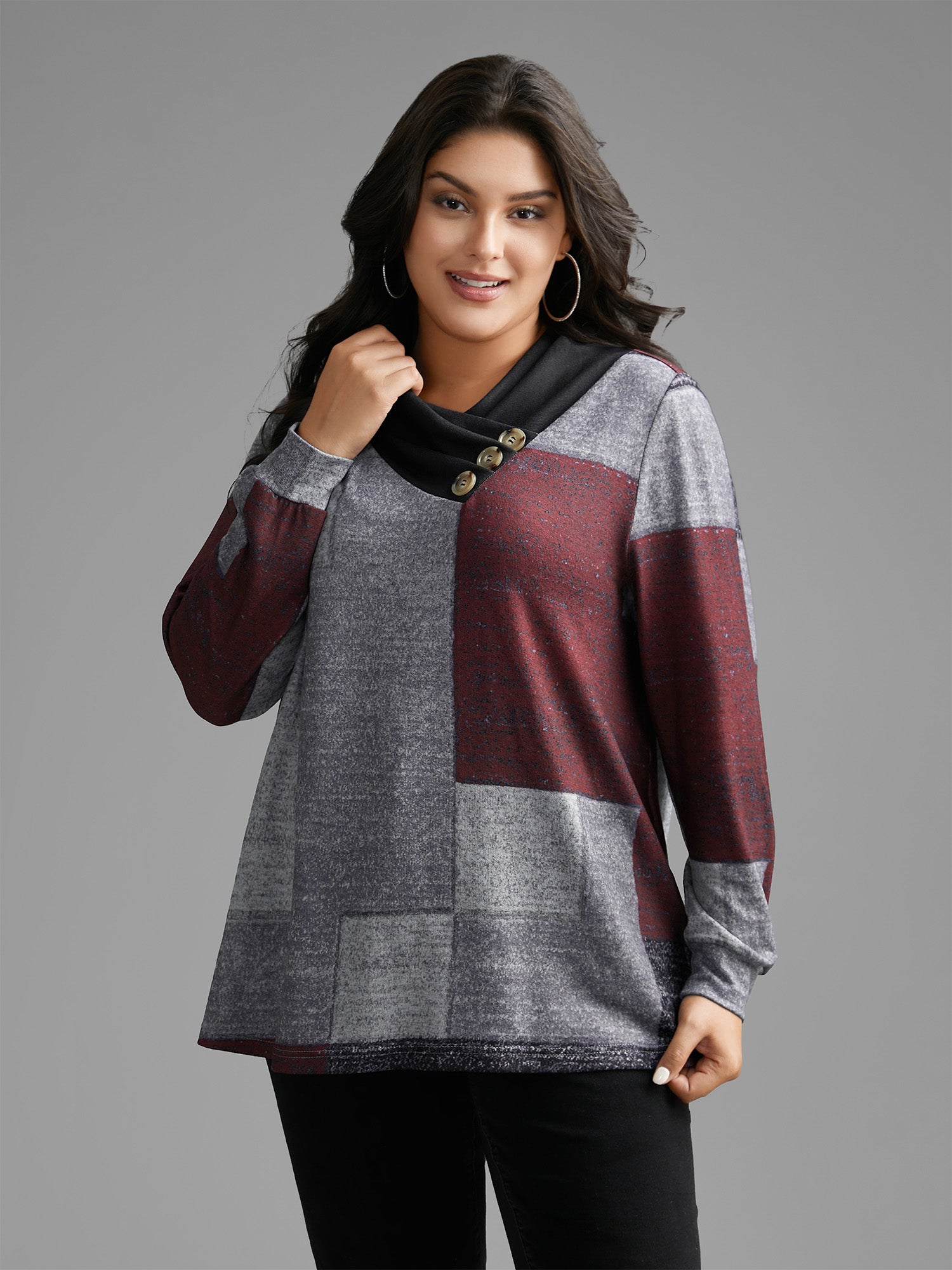 Asymmetrical Colorblock Button Detail Pleated T-shirt