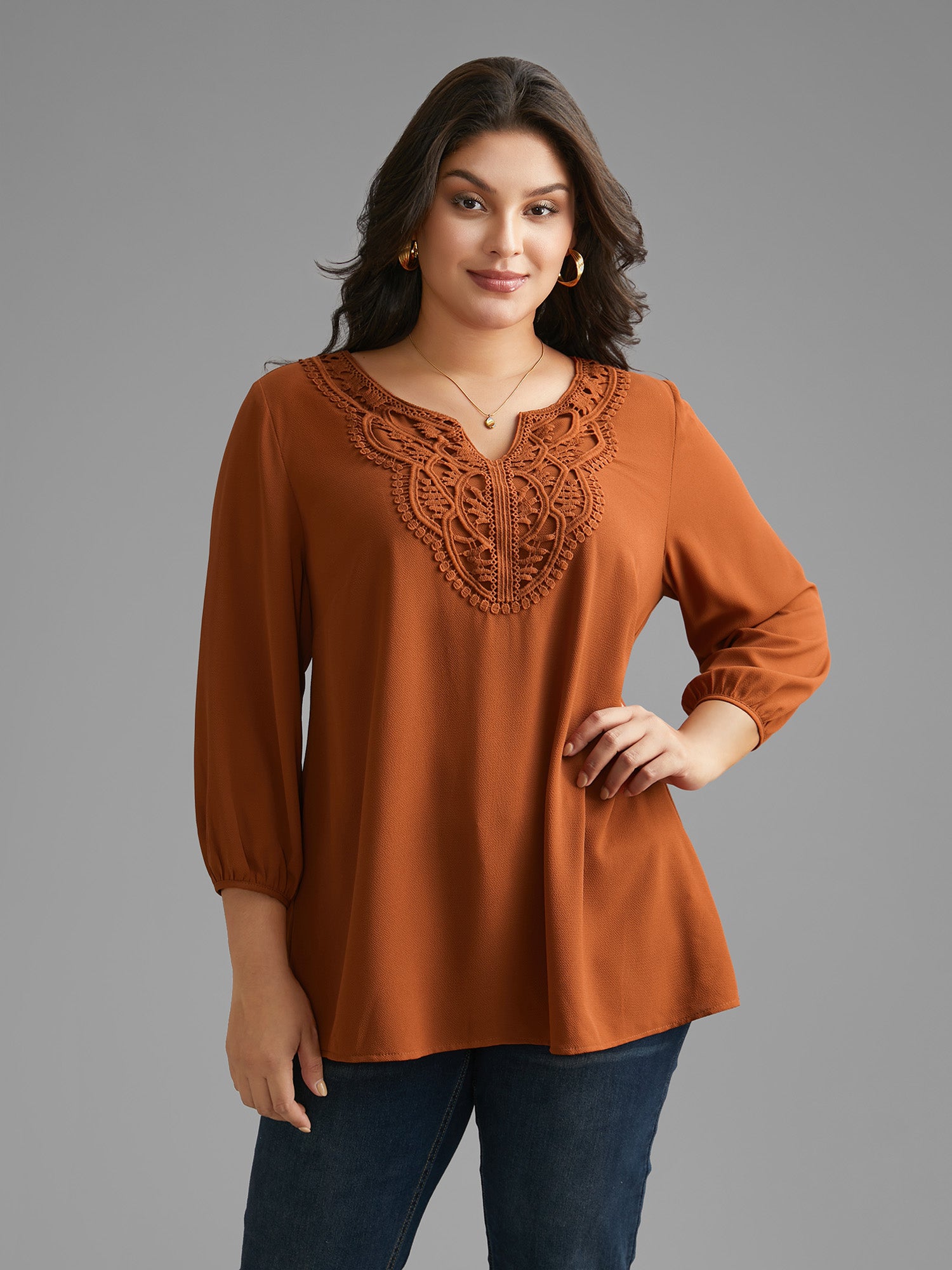 Notched Lace Trim Gathered Blouse