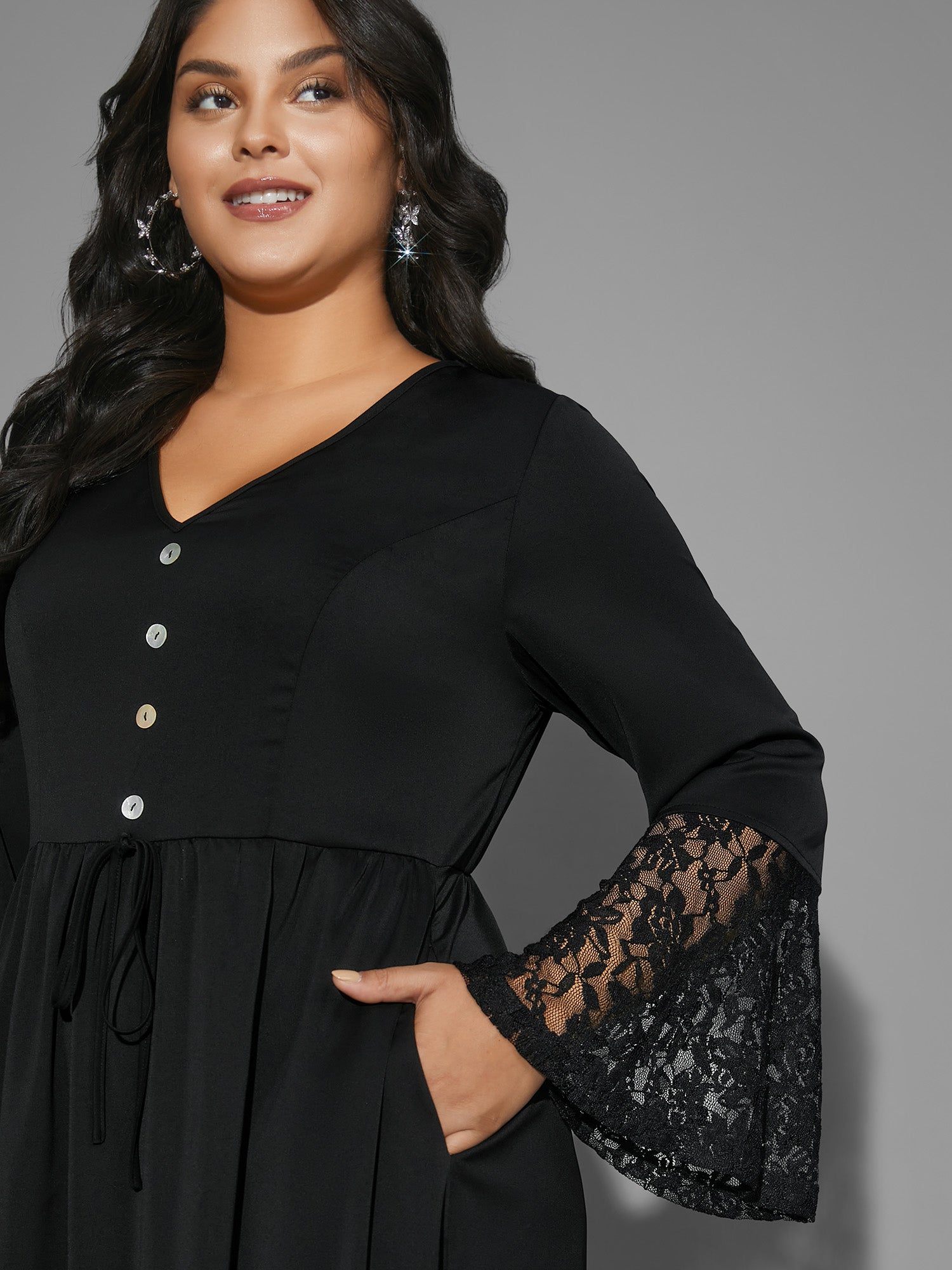 Lace Patchwork Button Detail Tie Knot Dress