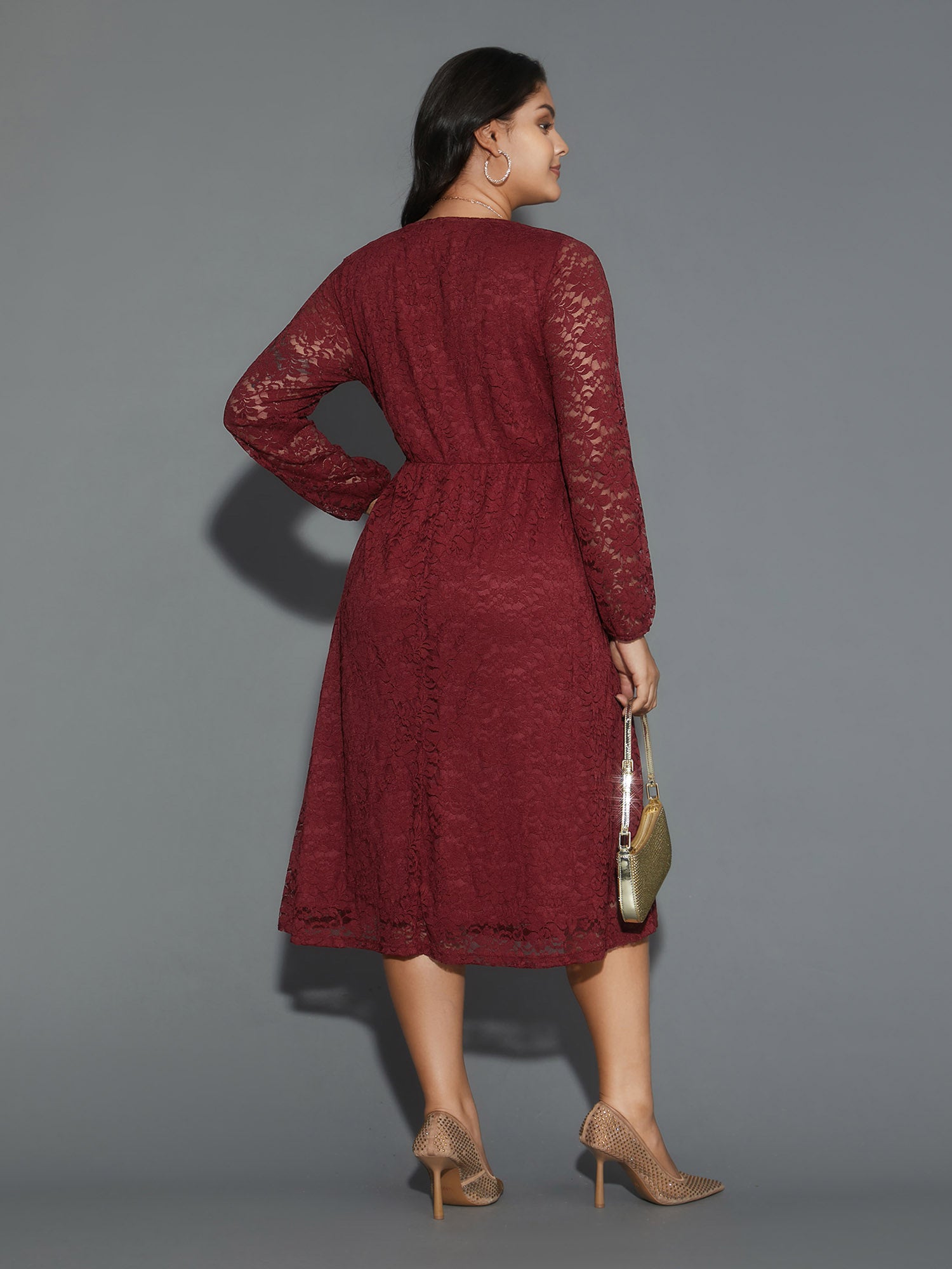 Solid Lace Patchwork Lantern Sleeve Dress