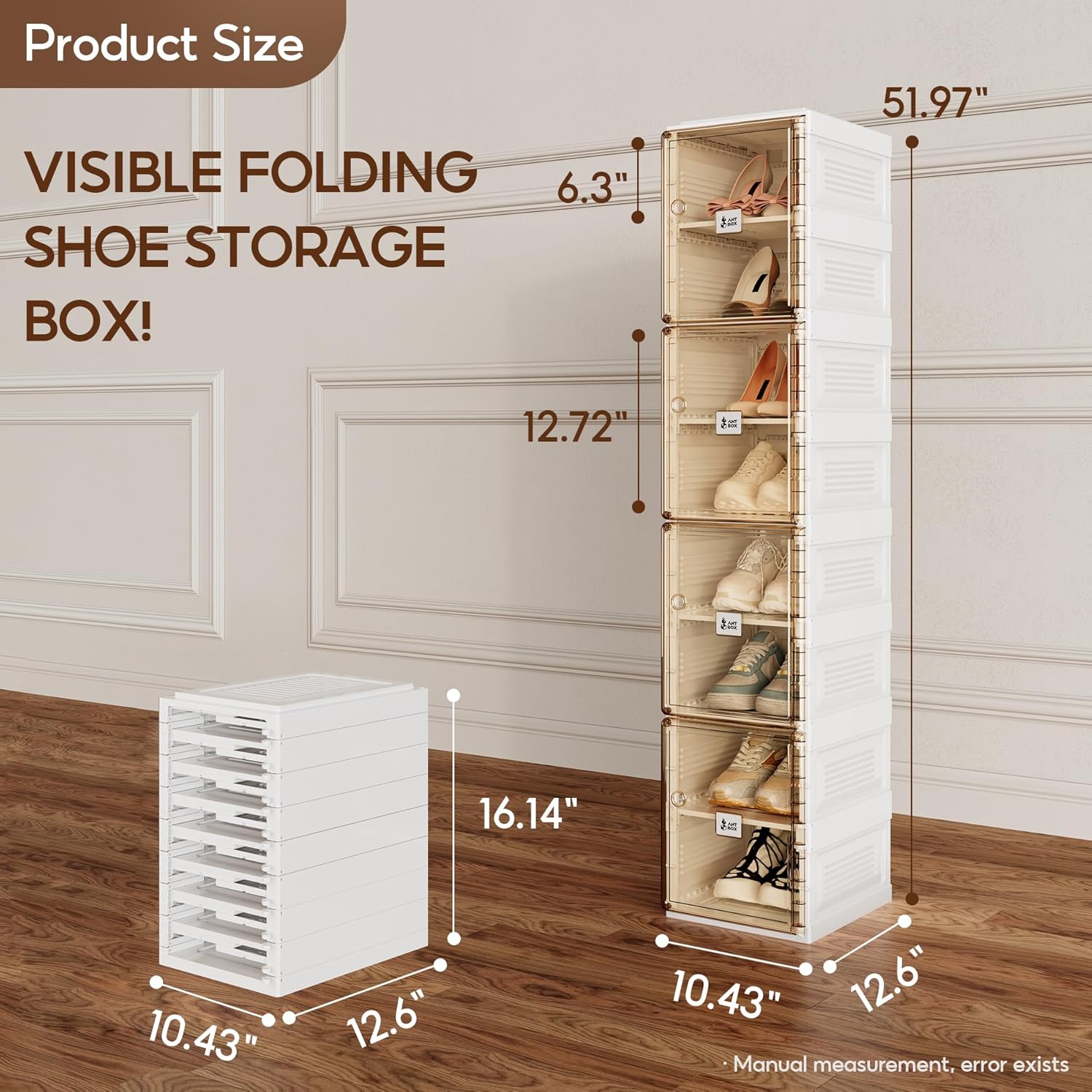 ANTBOX Shoe Organizer Storage Box, Portable Folding Shoe Rack For Closet With Magnetic Clear Door
