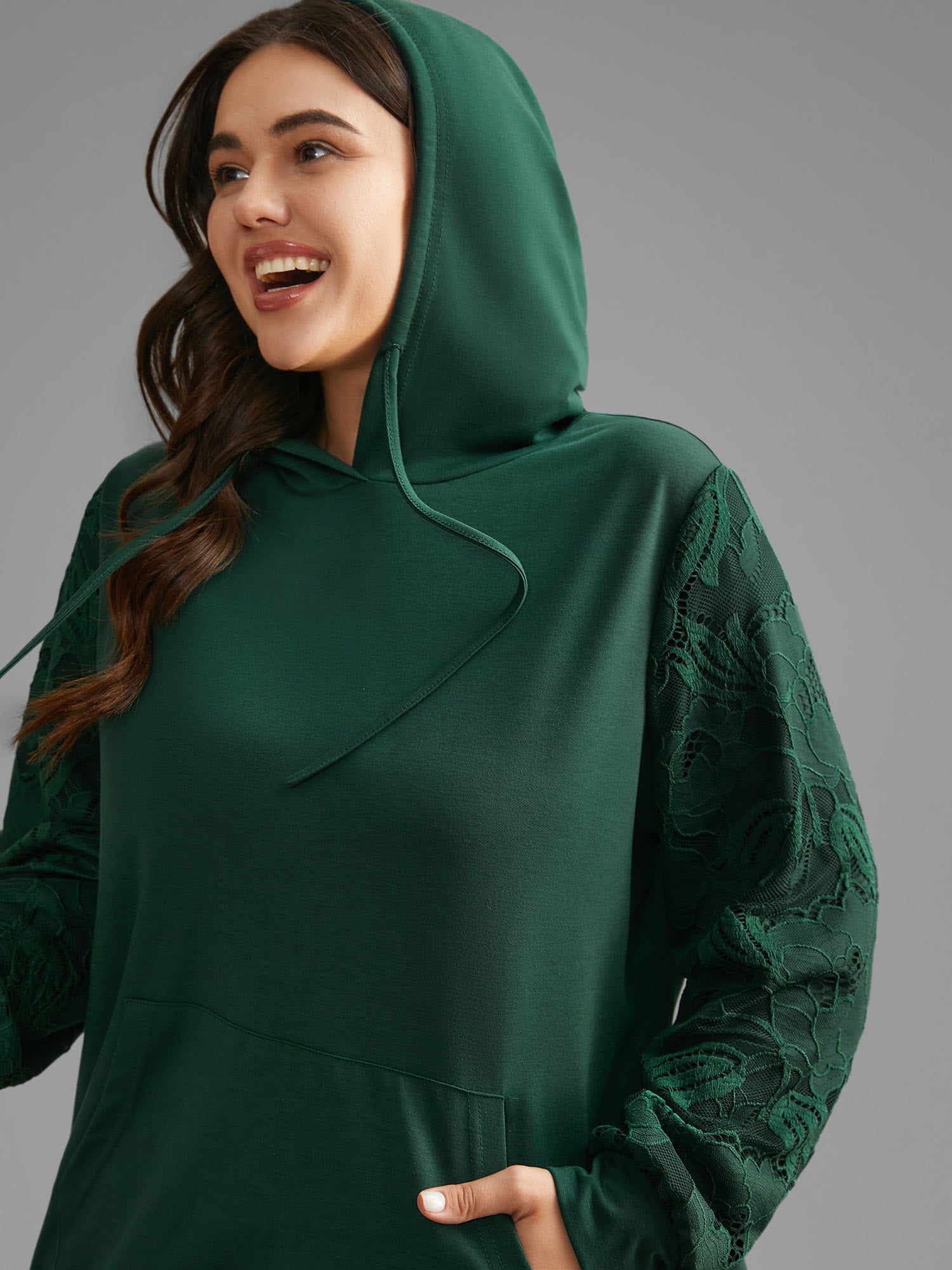 Lace Patchwork Pocket Hooded Drawstring Sweatshirt