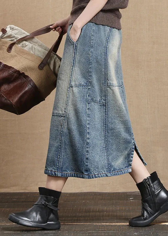 Unique Light Blue Elastic Waist Pockets Cotton Denim Skirt Summer