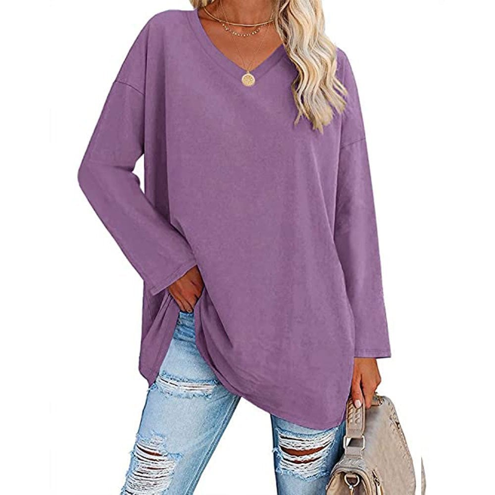 Multicolor - Women's Loose Long Sleeve Fashion V-neck Top