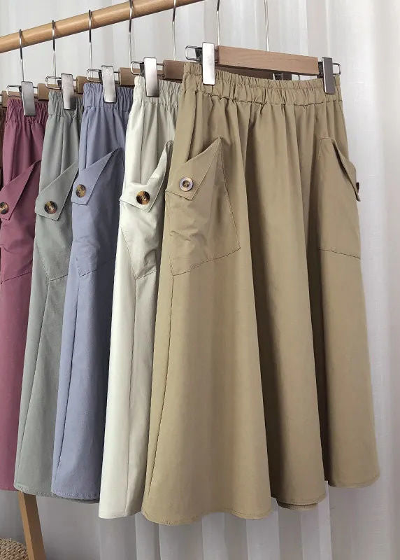 Vintage Light Khaki Button Pockets Faux Leathe A Line Skirts Summer