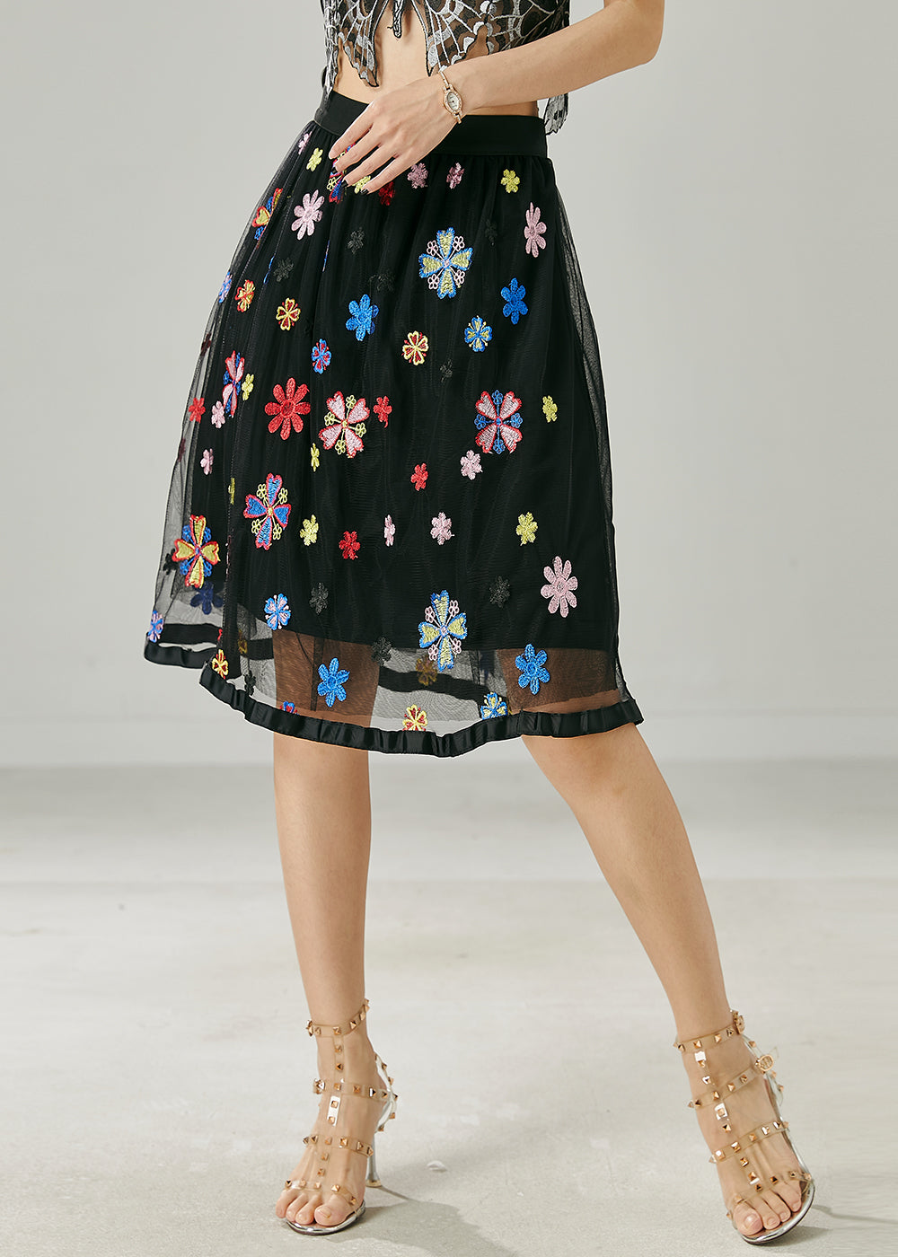 Plus Size Black Embroidered Floral Tulle Skirt Summer