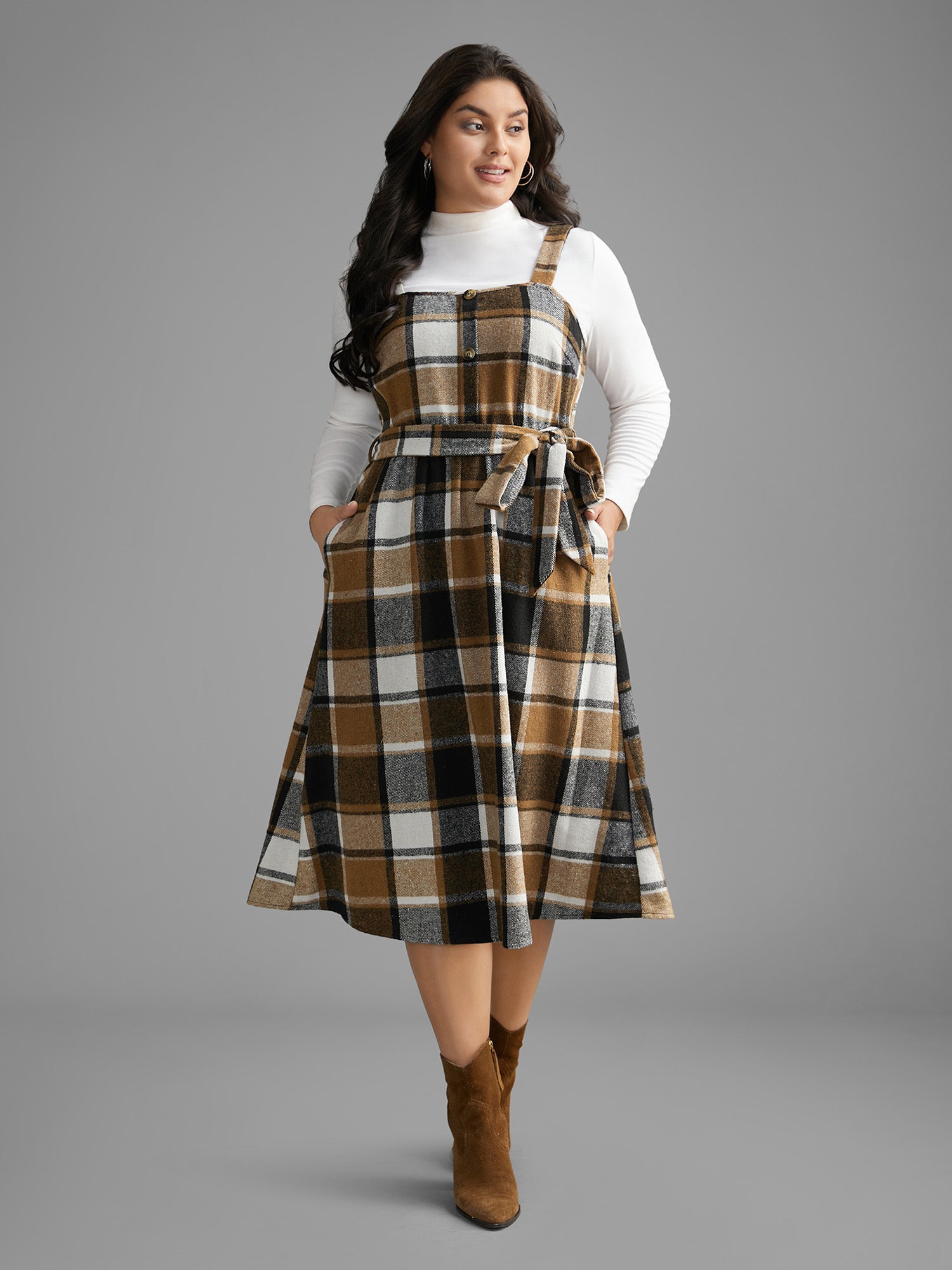 Square Neck Plaid Button Detail Belted Dress