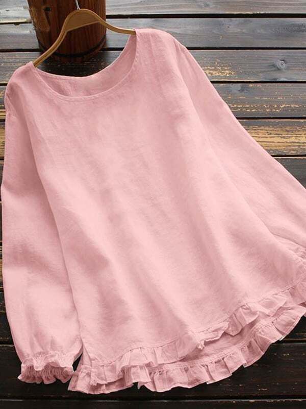 Women's Cotton Linen Solid Color Round Neck Long Sleeve Shirt